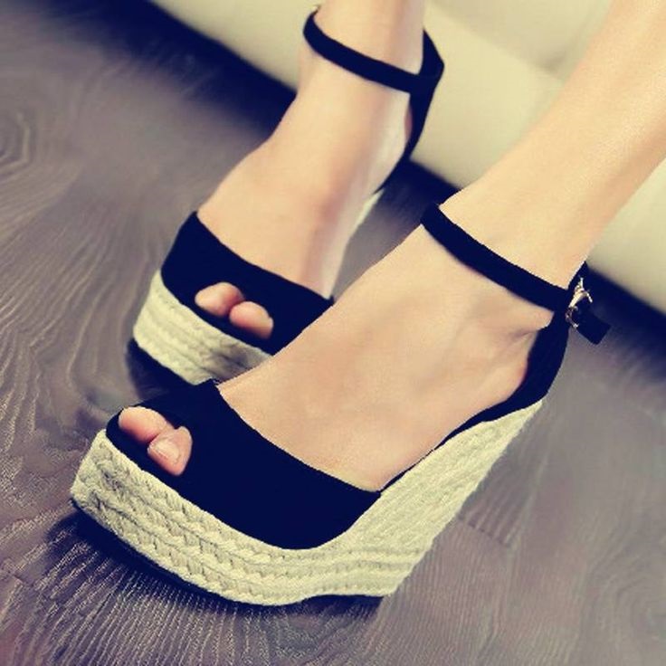 Black Vegan Suede Espadrille Sandals Peep Toe Platform Wedge Heels US 15 / EU 45