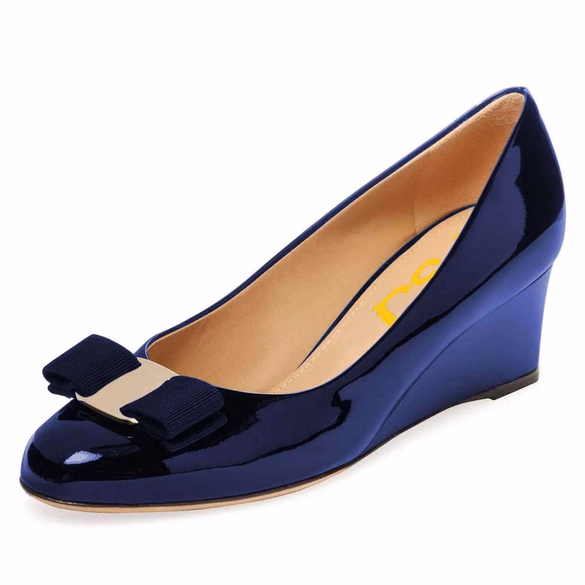 Navy Patent Leather Round-Toe Bow Embellished Wedge Pumps US 12 / EU 42-Navy