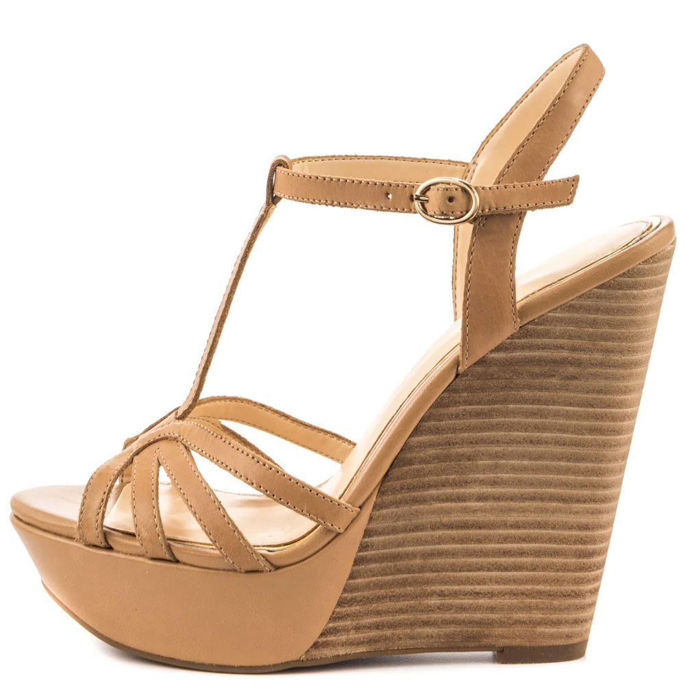 Women's Khaki T Strap Slingback Platform Wedge Sandals US 4 / EU 34-khaki