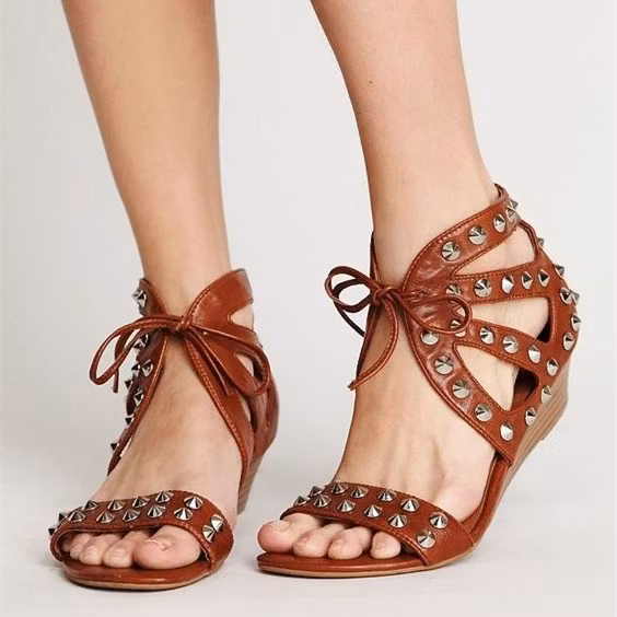 Vintage Tan Open Toe Lace Up Rivets Wedge Sandals for Women US 4.5 / EU 34.5-Tan