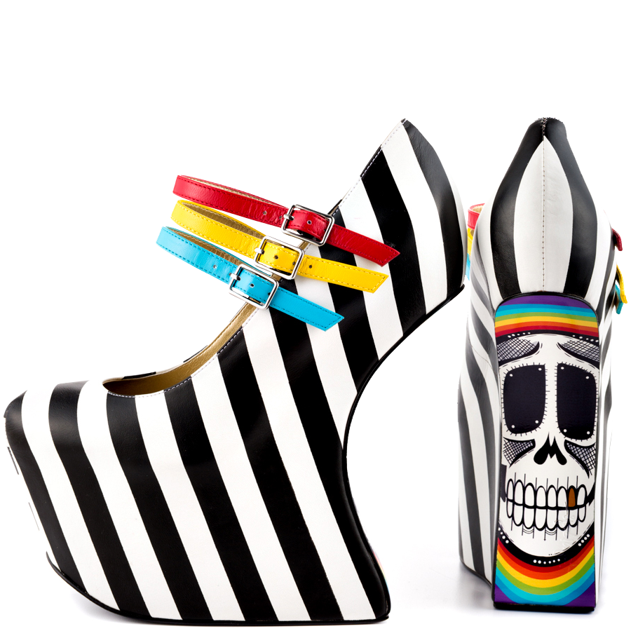 Black & White Striped Wedge Heels Skull Print Platform Mary Janes US 11.5 / EU 41.5-Black-Stripes