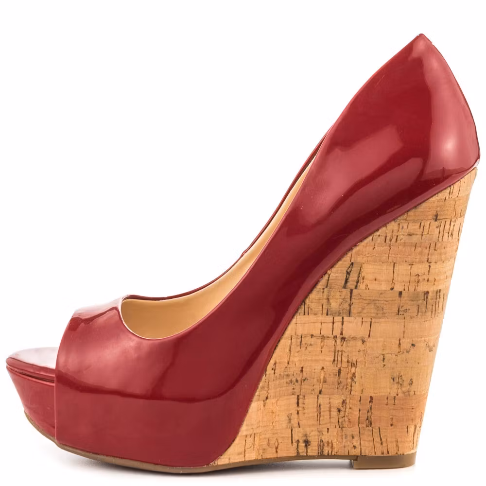 Dark Red Cork Wedges Patent Leather Peep Toe Platform Pumps US 11 / EU 41-Red