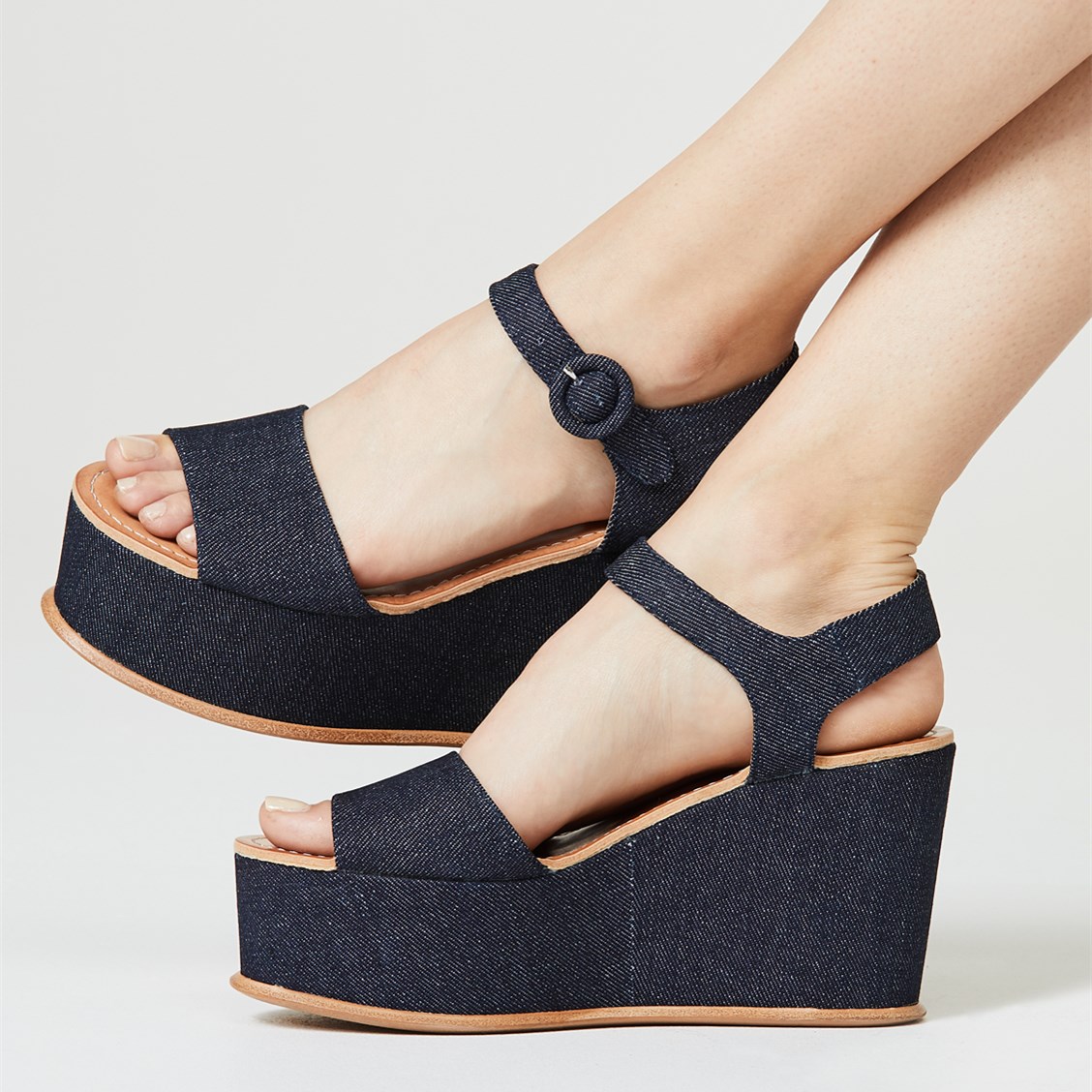 Navy Denim Open Toe Ankle Strap Wedge Sandals with Platform US 6.5 / EU 36.5-Navy