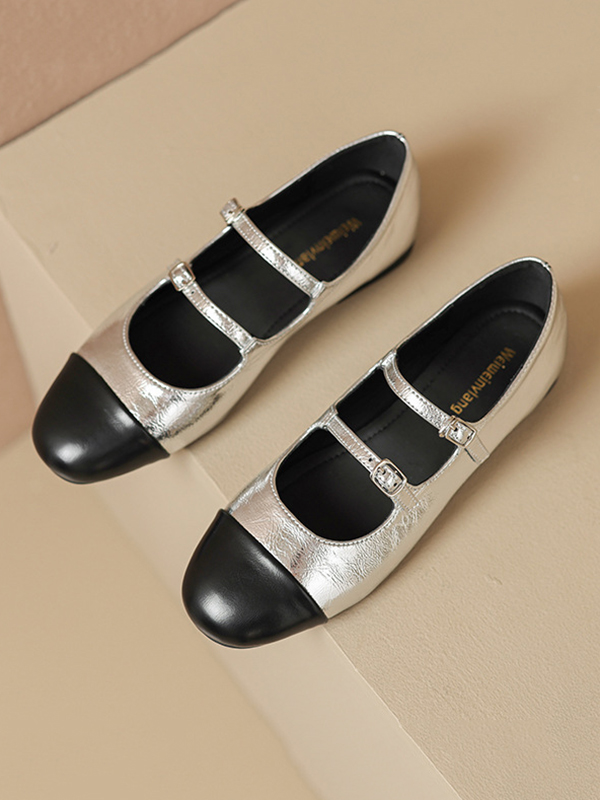 Split-Joint Round-Toe Belt Buckle Mary Janes Flat Shoes SILVER-35