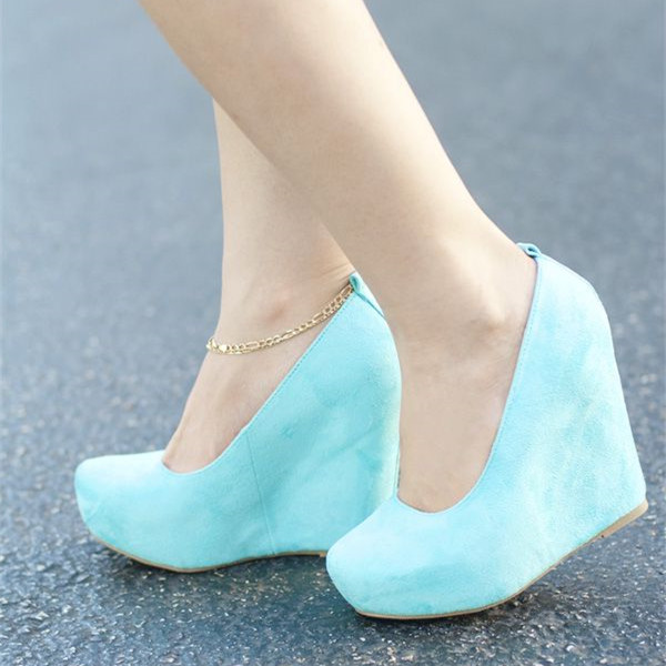 Light Turquoise Vegan Suede Wedge Heel Platform Pumps for Women US 8 / EU 38