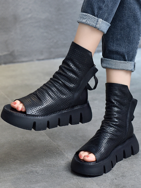 Urban Black Brown Zipper Hollow Platform Shoes BLACK-40