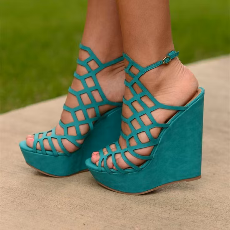 Turquoise Peep Toe Laser Cut Caged Wedge Sandals with Platform US 14 / EU 44-Turquoise