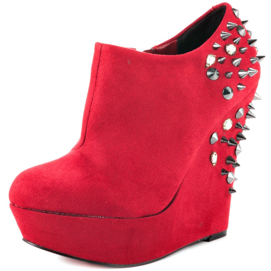 Red Vegan Suede Low Cut Platform Female Wedge Boots with Rivets US 5 / EU 35-Red