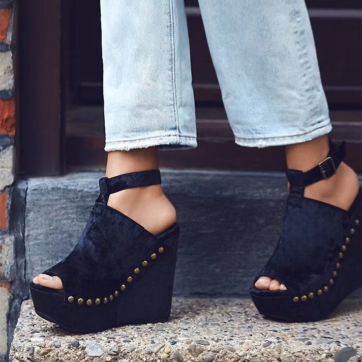 Navy Wedge Sandals Peep Toe Velvet Ankle Strap Platform Heels US 11.5 / EU 41.5-Navy