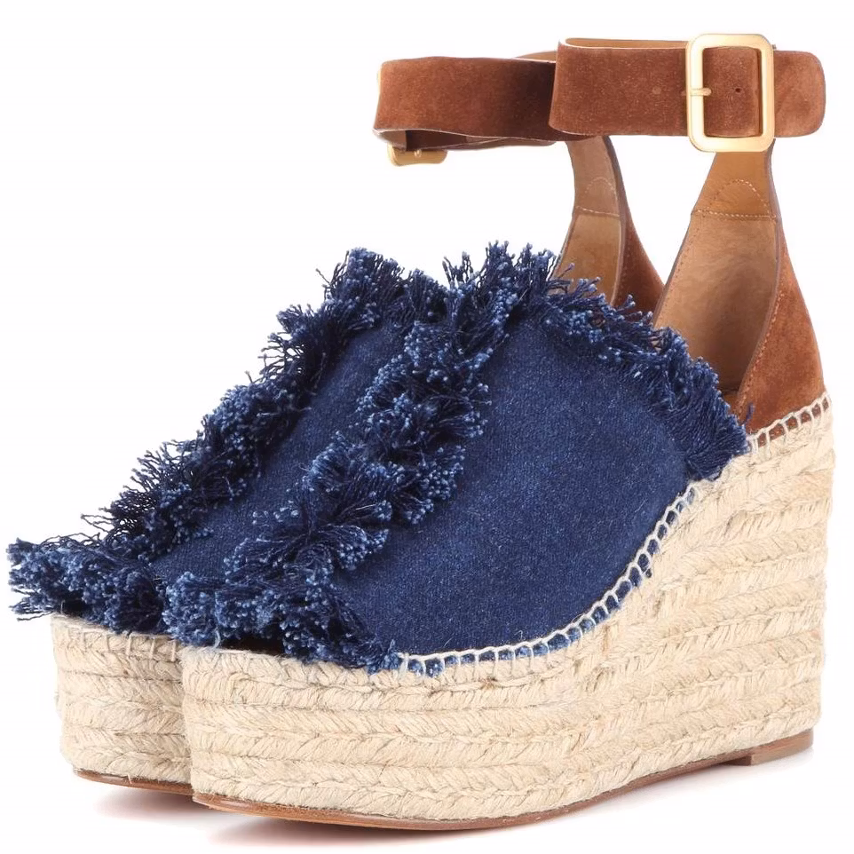 Blue Denim Raw-Edge Peep Toe Ankle Strap Platform Sandals with Wedges US 5.5 / EU 35.5-Blue