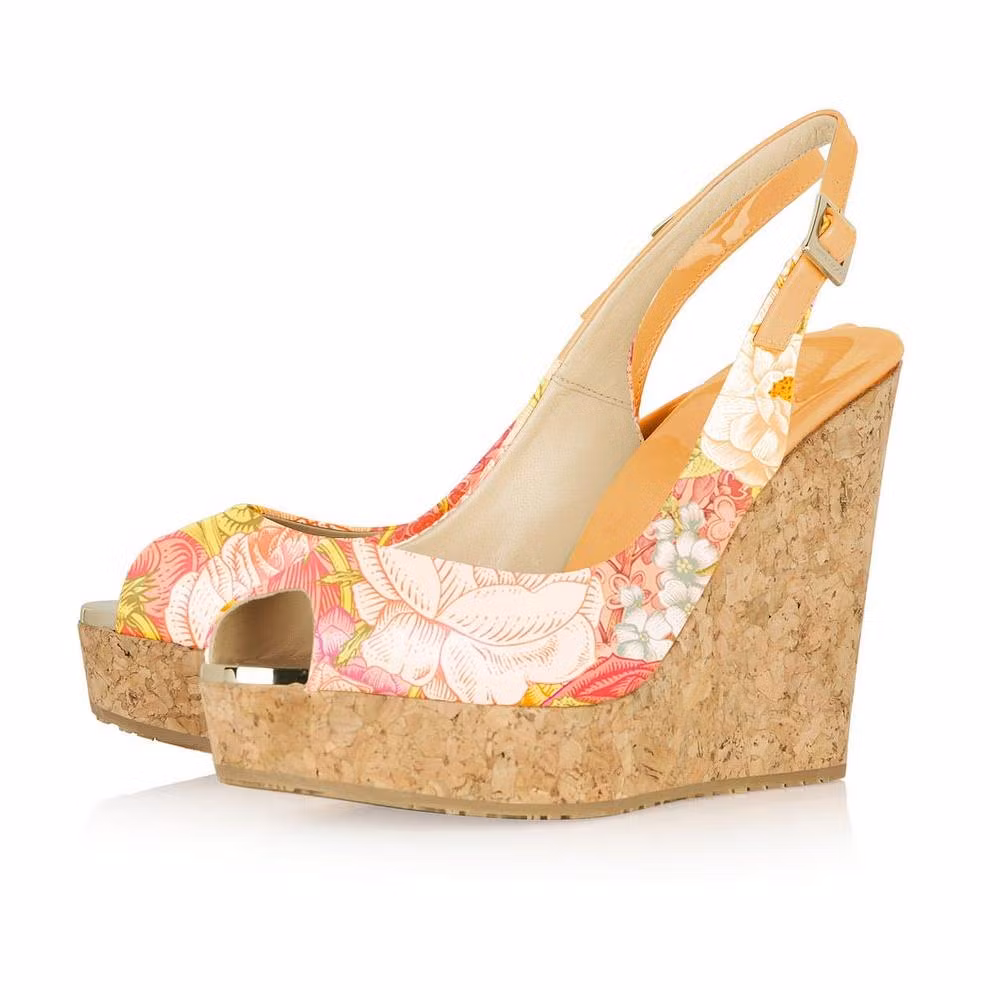 Floral Print Cork Wedges Peep Toe Heels Platform Slingback Pumps US 5 / EU 35