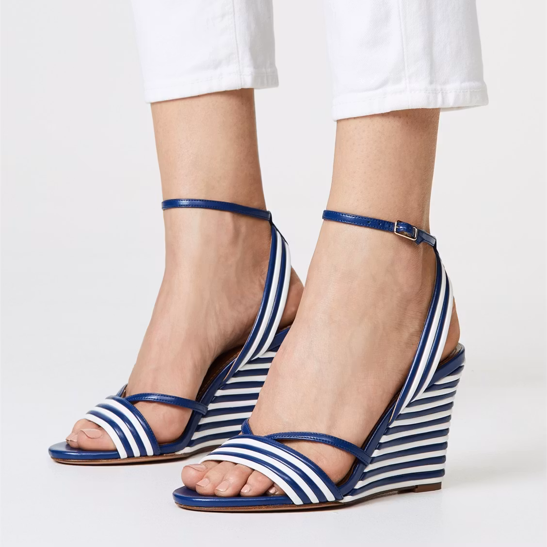 Blue and White Stripe Wedge Heels Open Toe Ankle Strap Sandals US 8.5 / EU 38.5-Blue