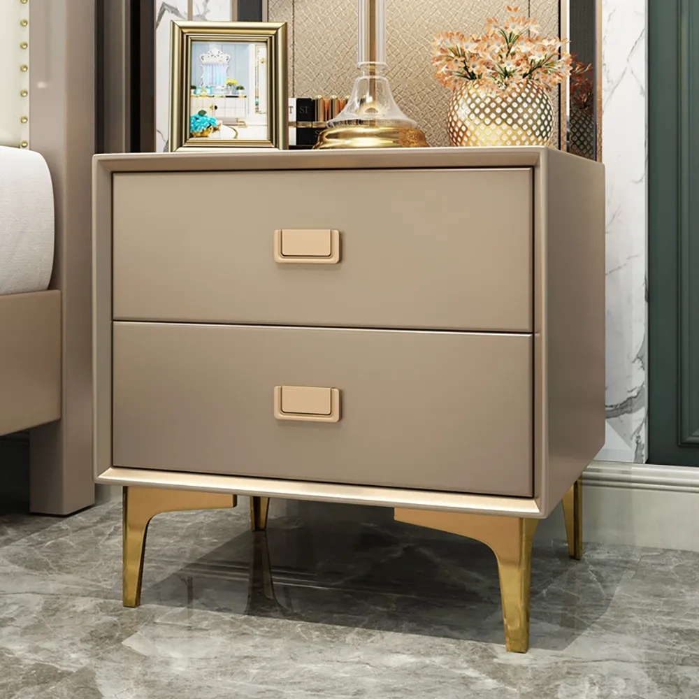 Modern Champagne Nightstand 2-Drawer Bedside Table in Gold Finish Set of 2