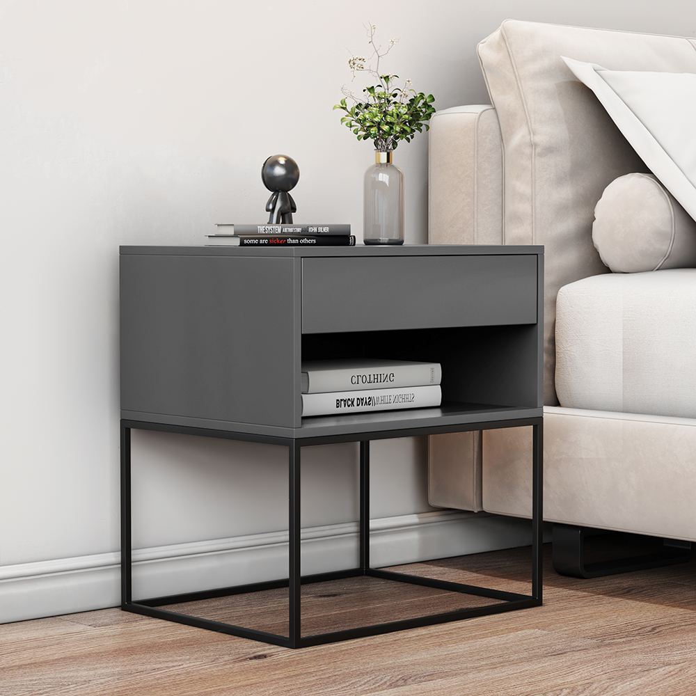 Gray Bedroom Nightstand with Drawer Bedside Table Metal Base Set of 2