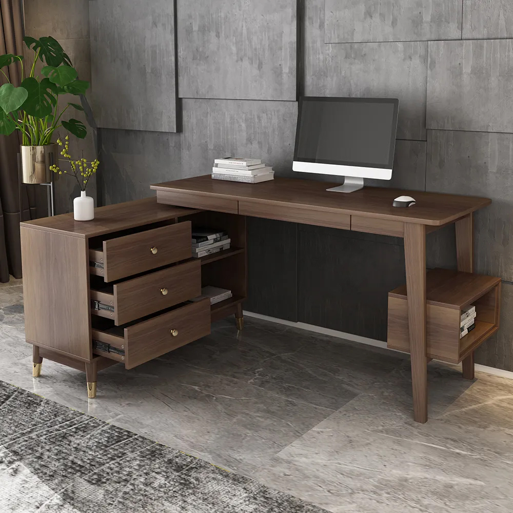 Ultic 47" L-Shaped Walnut Rotating Desk with Storage