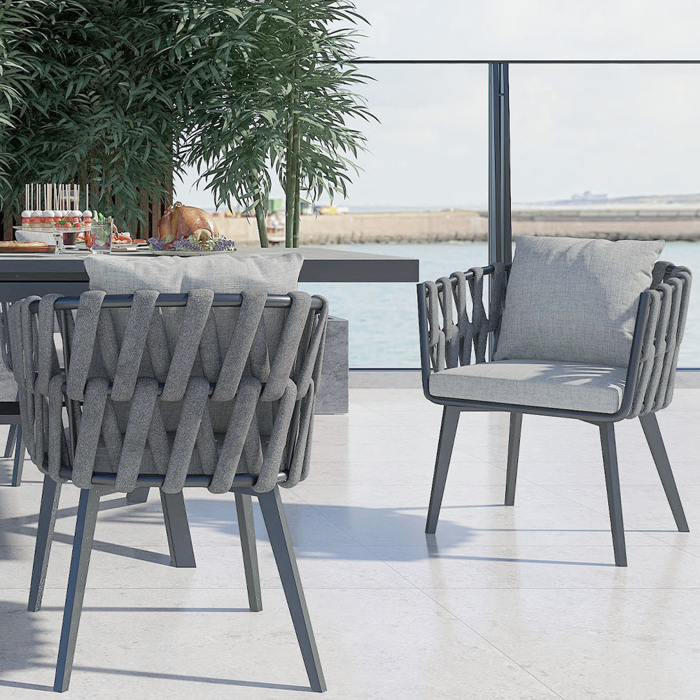 Outdoor Rope Weave & Aluminum Dining Chairs in Gray, Set of 8