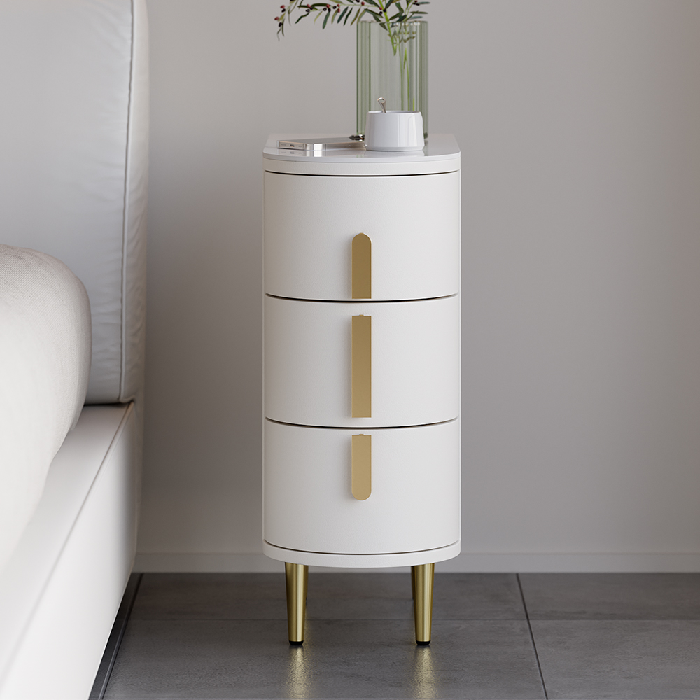 Modern Off-White Narrow 3 Drawer Nightstand Sintered Stone Top Bedside Table
