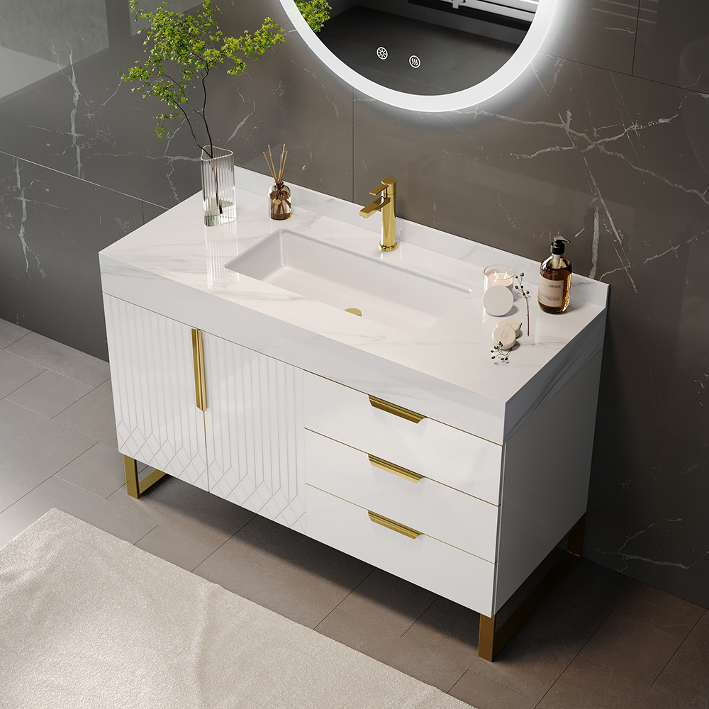 35" Bathroom Vanity Freestanding Cultured Marble Top with Single Sink & Drawers White