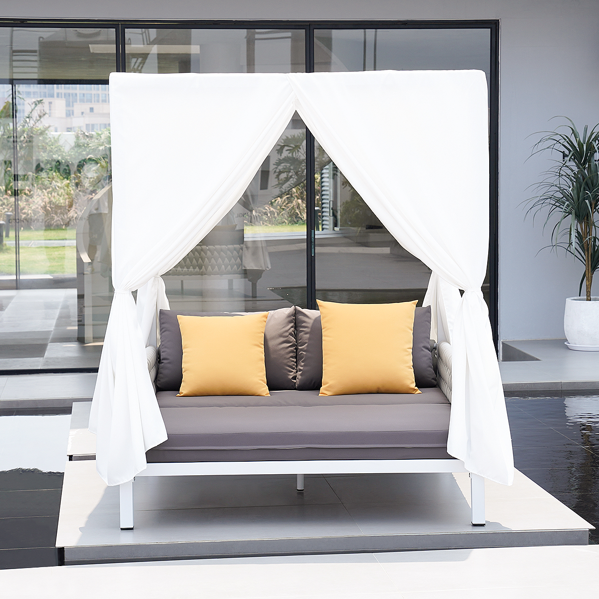 White Aluminum & Gray Woven Rope 2-Person Outdoor Patio Daybed with Canopy Curtains