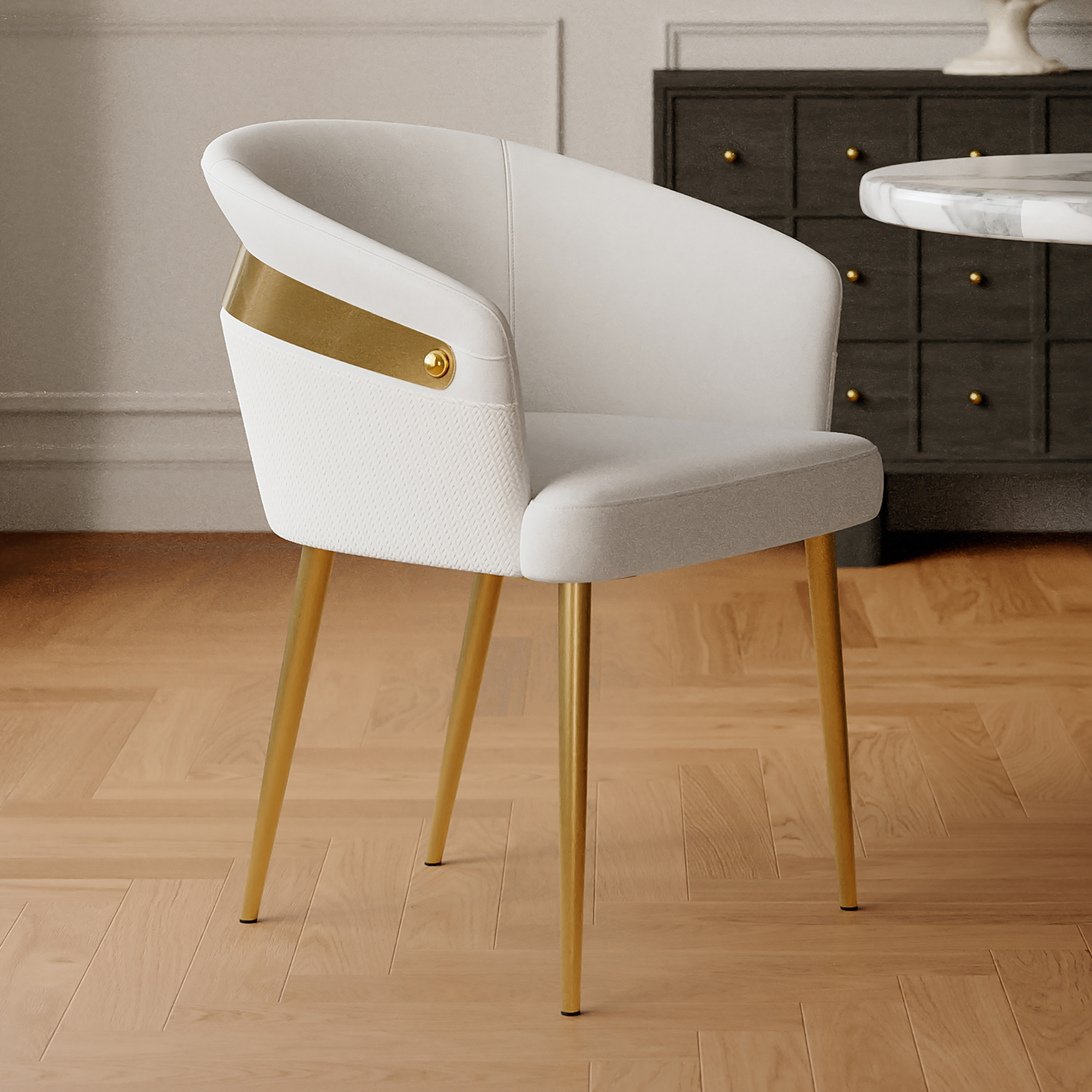 Modern White PU Leather Dining Chair Curved Back with Gold Legs 6-Pieces