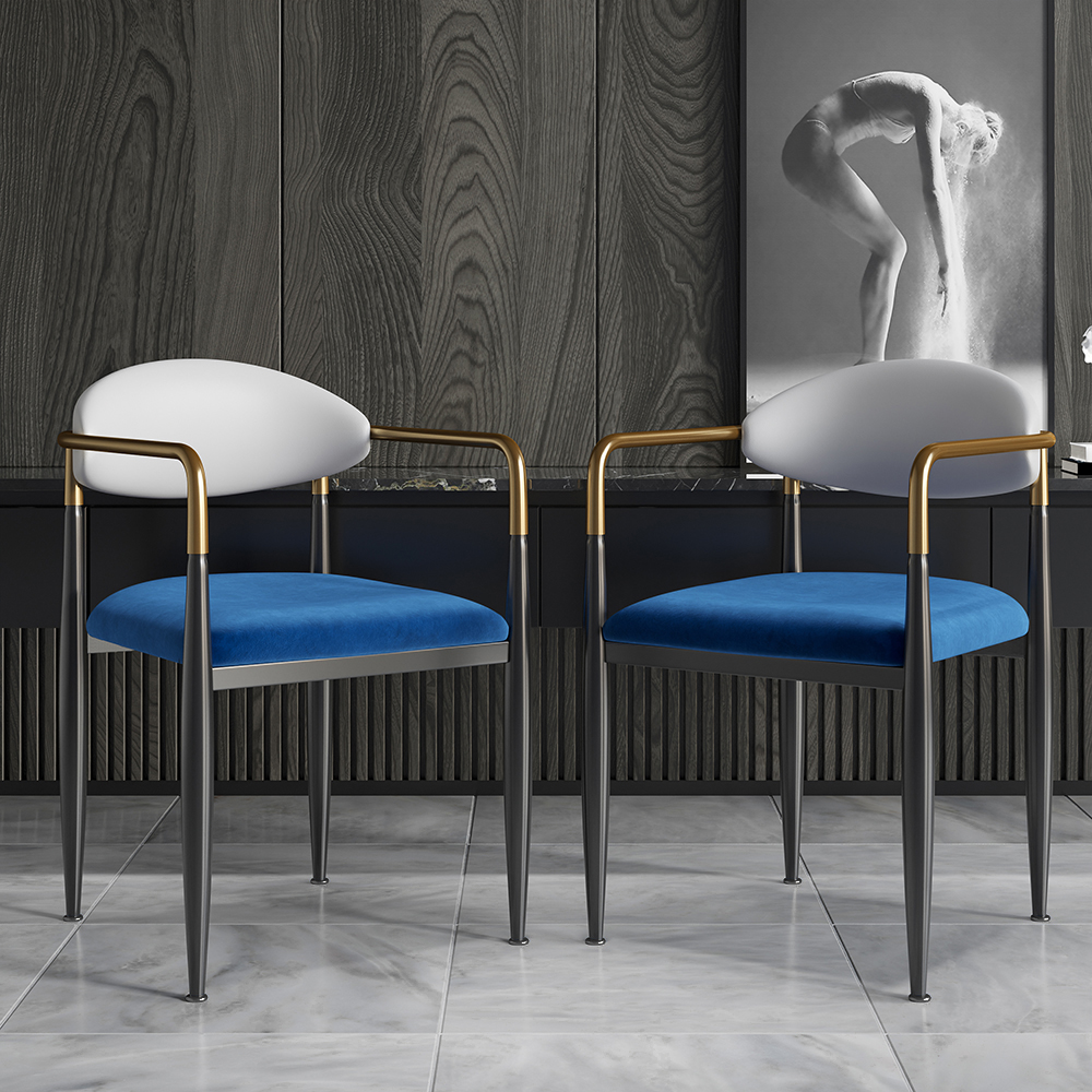 Set of 4 Dining Chair Velvet & PU Leather Upholstered White & Blue Dining Room Chairs with Arms