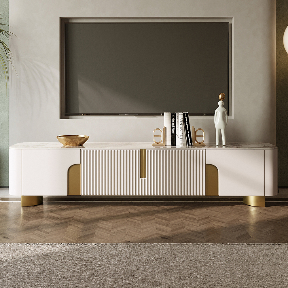 78.7" Stone Top Beige & Gold TV Stand with 4 Doors and Storage