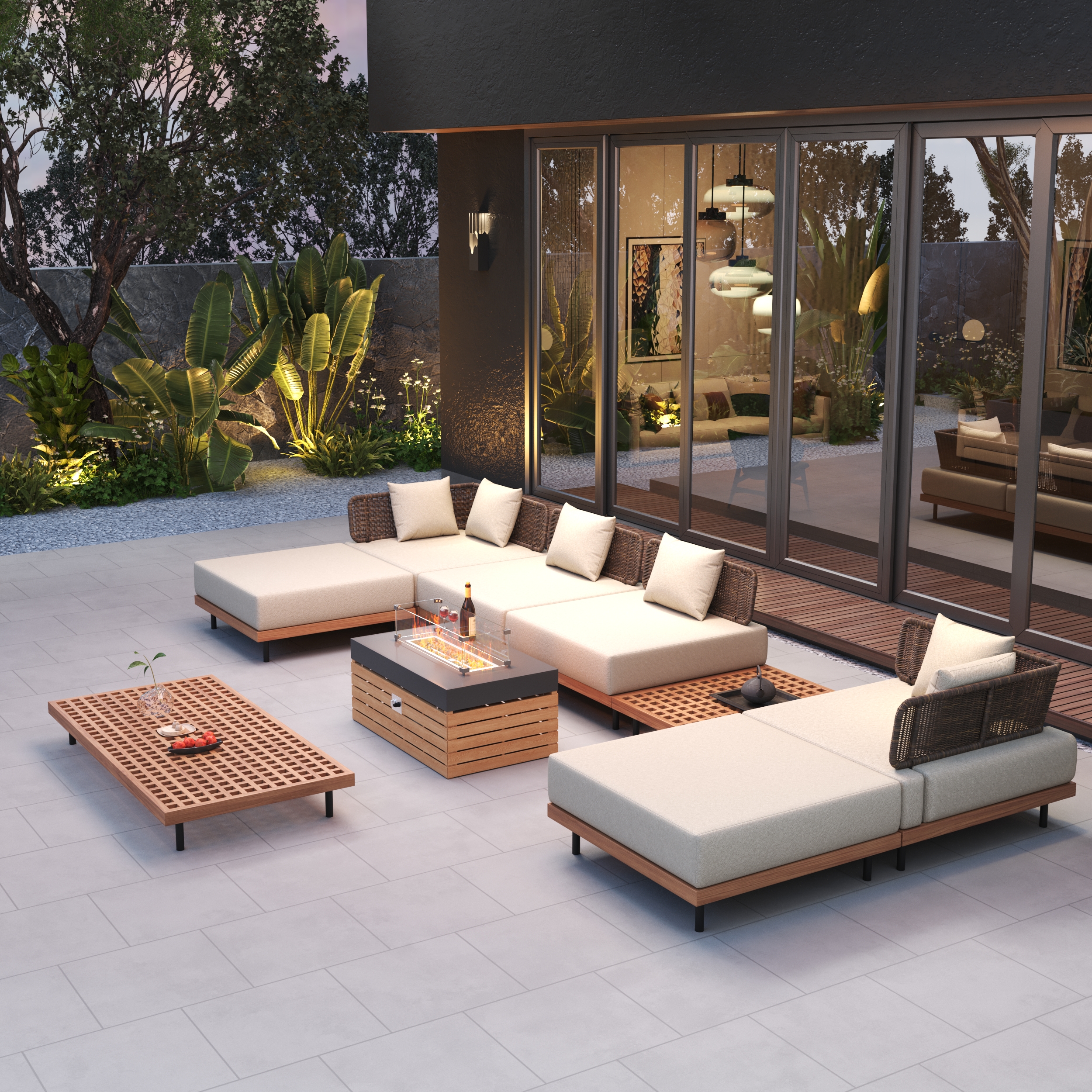Modular Teak Outdoor Sofa Set for 6 Person with Propane Fire Pit