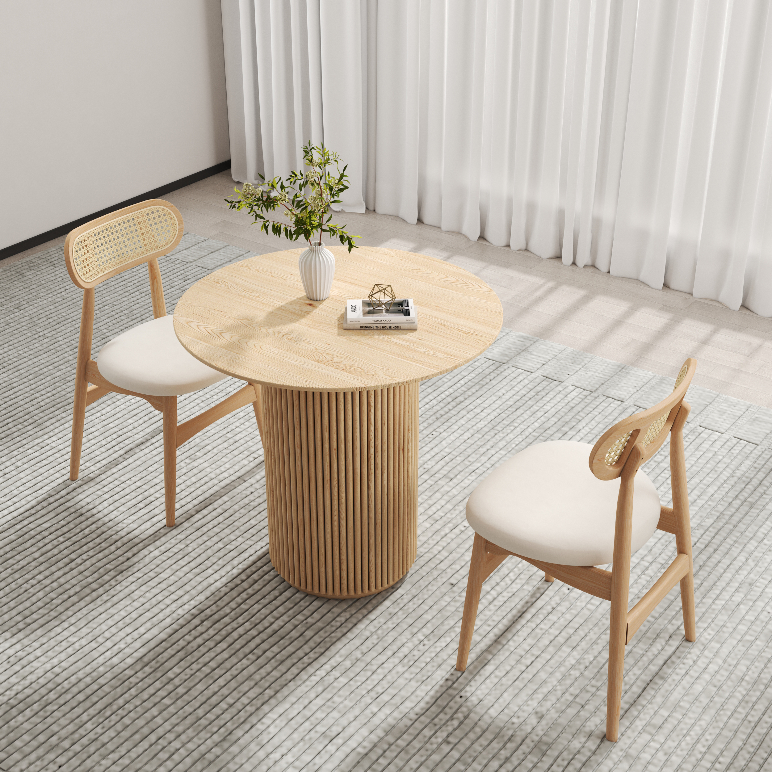 Dining Table Set Round Small Dining Table & 2-Piece Natural Rattan Upholstered Dining Chairs