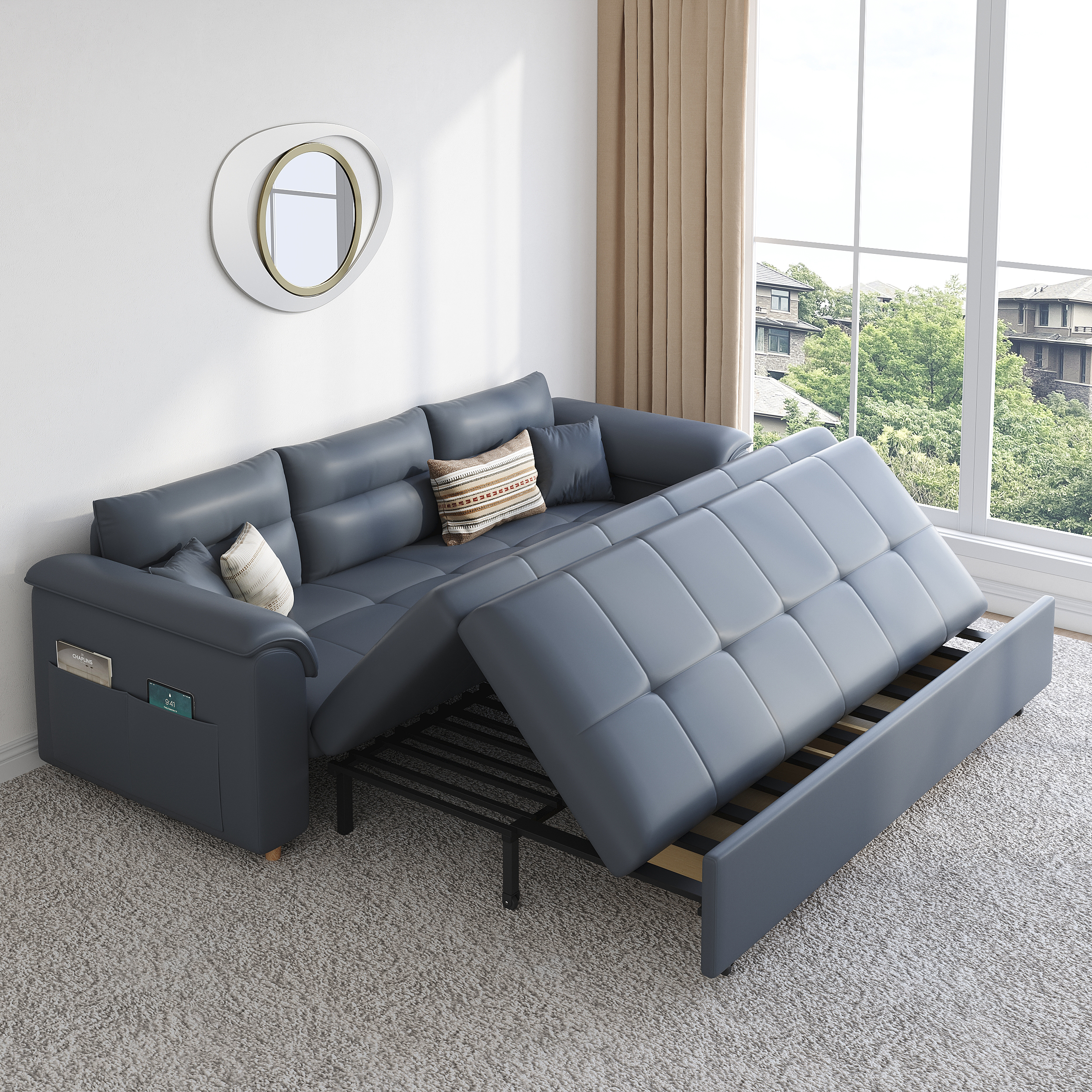 74" 2-Seater Daybed with Trundle Faux Leather Pull Out Sofa Bed