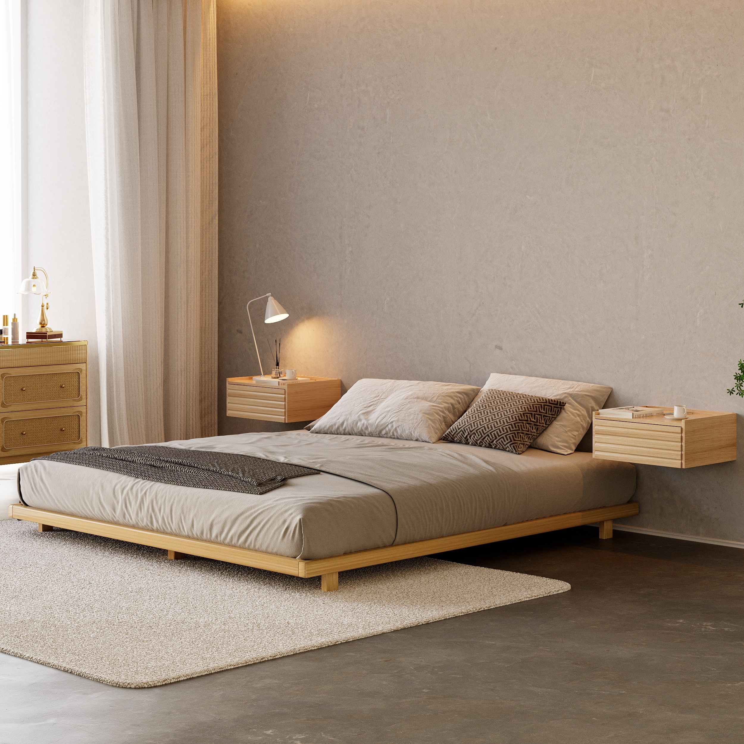 Japanese Style Queen Low Bed Frame Wooden Floor Bed in Natural