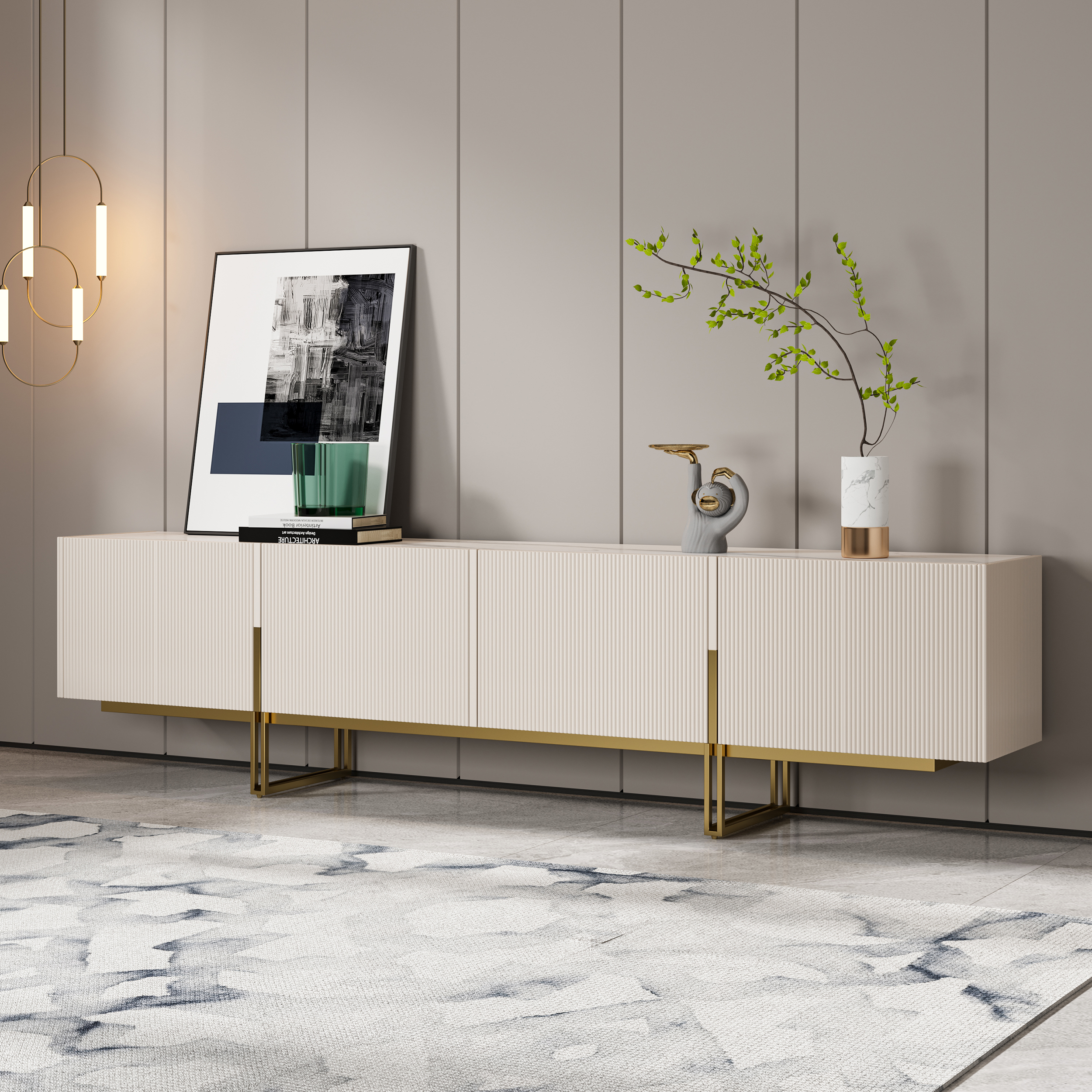 Grovyn Minimalist 95" Off White TV Stand Stone Top Media Console 4 Doors 6 Shelves