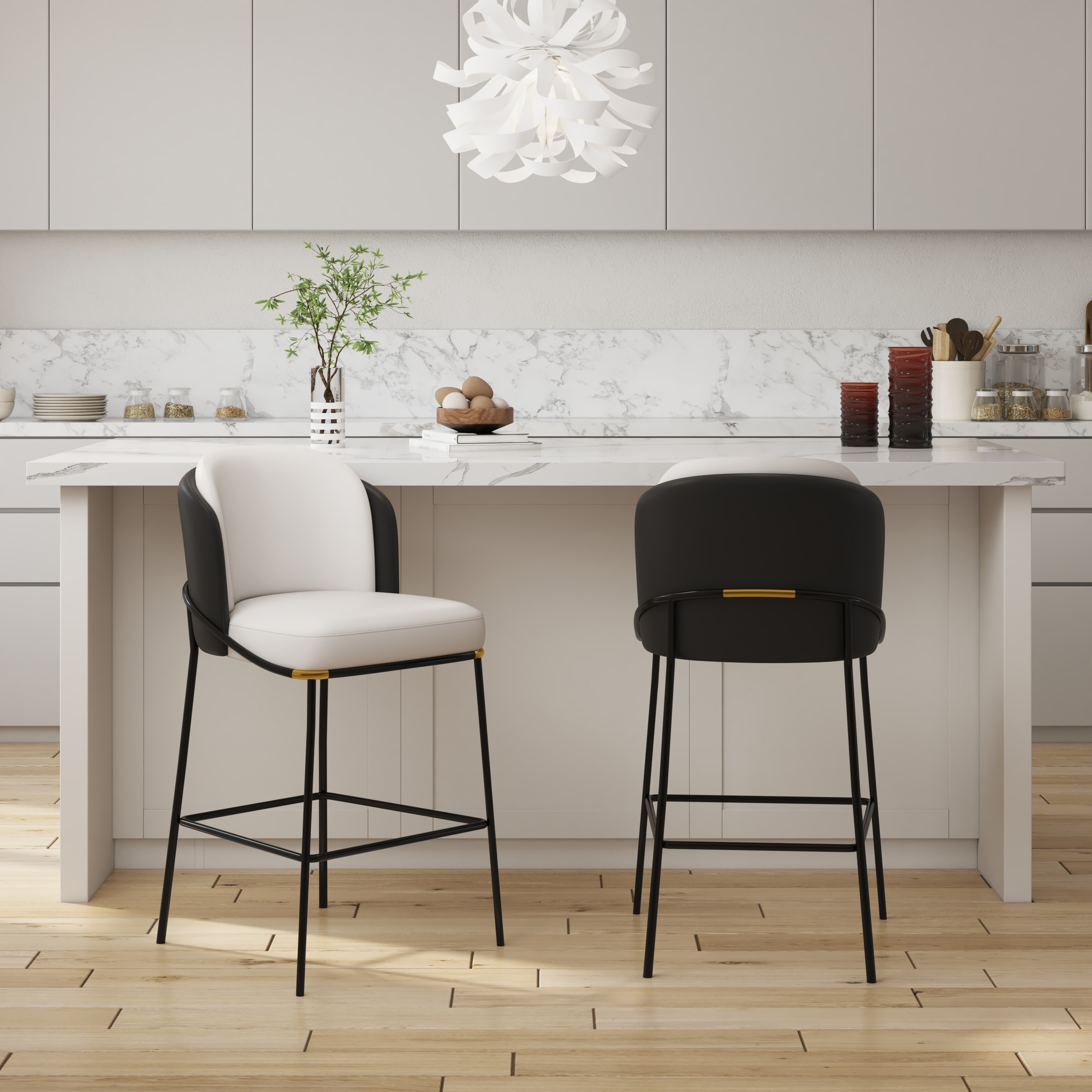 Modern PU Leather Counter Stool Black with Back & Footrest Set of 4