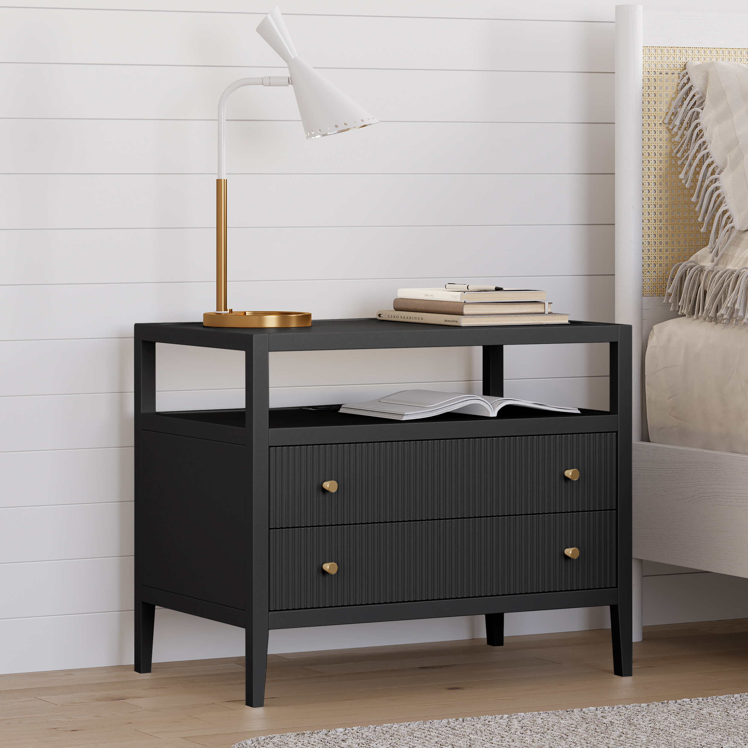 30" Wide Long Modern Smart Nightstand Set of 2 Fluted Bedside Table with 2 Drawers & Charging Station in Gold Handles