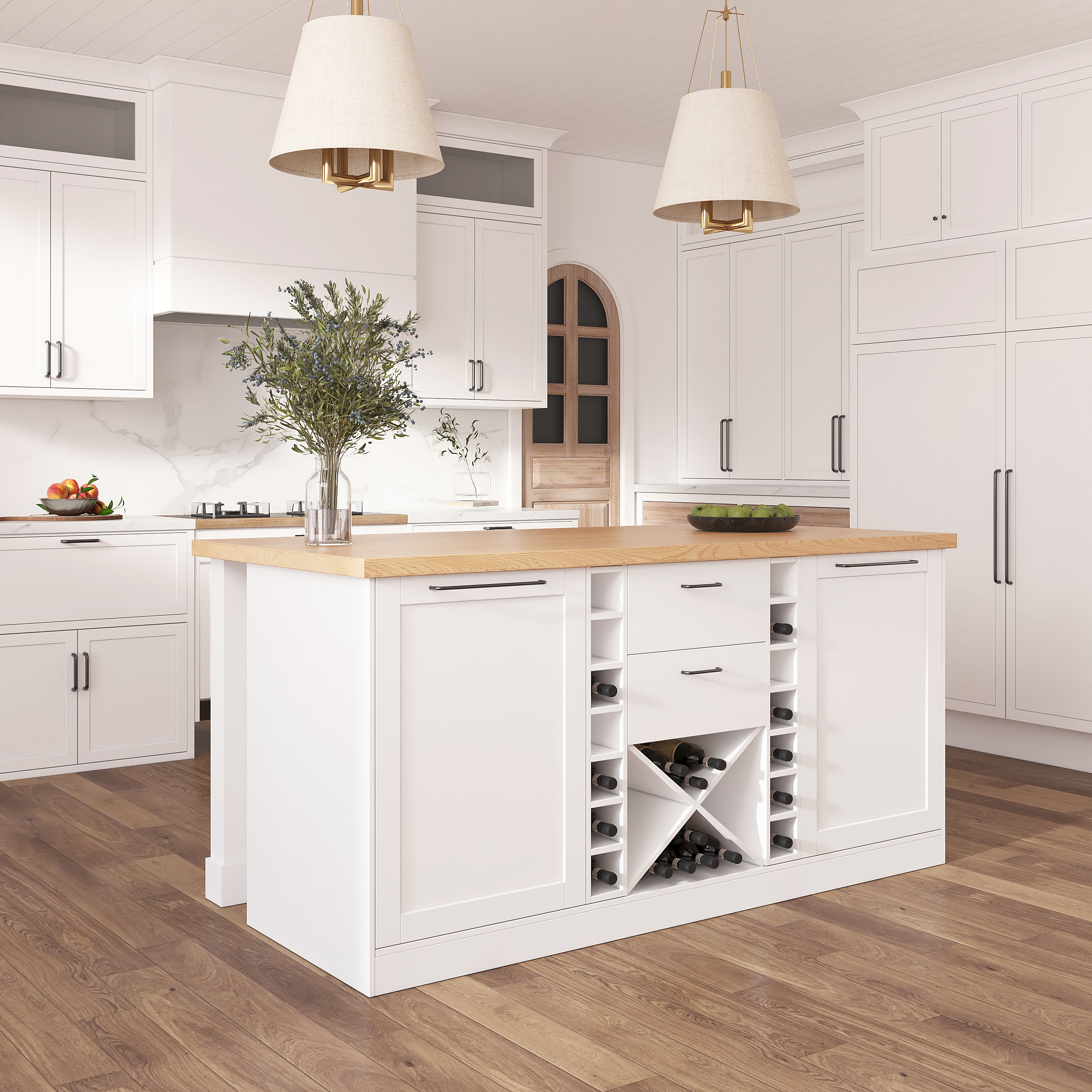 59.1'' Kitchen lsland with Wine Storage White Modern Large Kitchen Cabinet