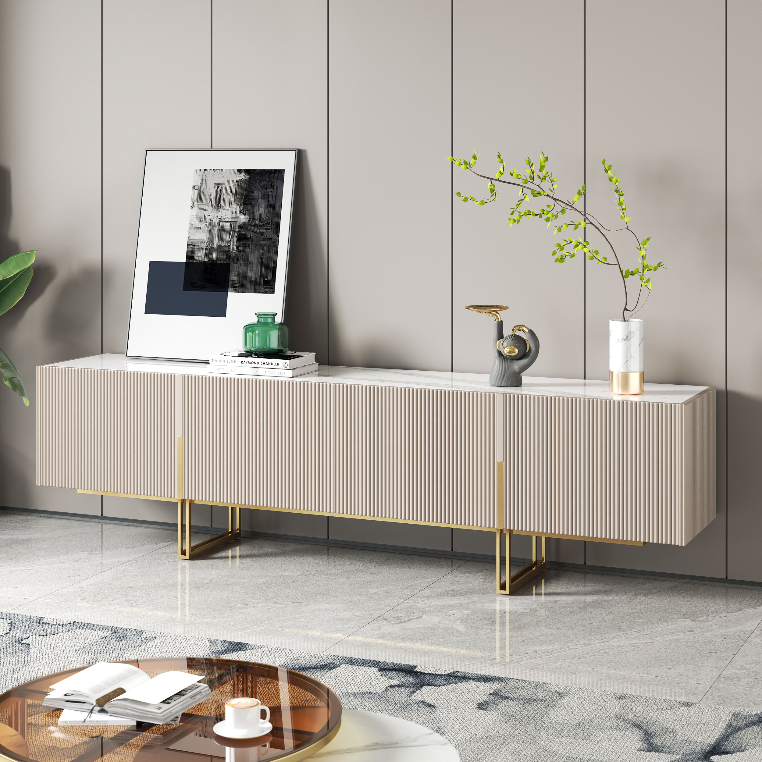 Grovyn Minimalist 87" Off White TV Stand Stone Top Media Console 4 Doors 6 Shelves