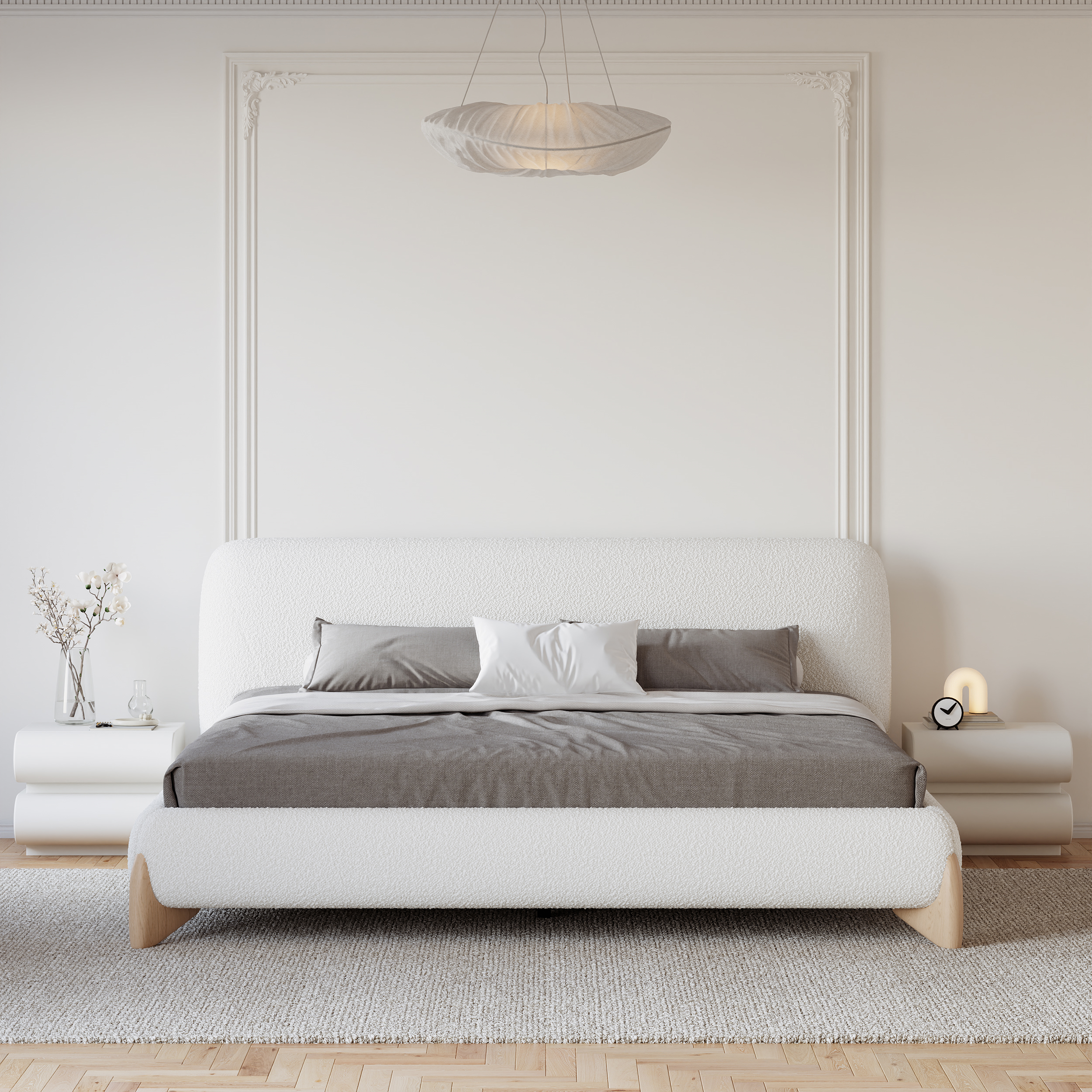 Modern White Boucle Platform Bed Queen Size Bed Frame with Upholstered Headboard with Natural Wood Legs & 2 Nightstands Set