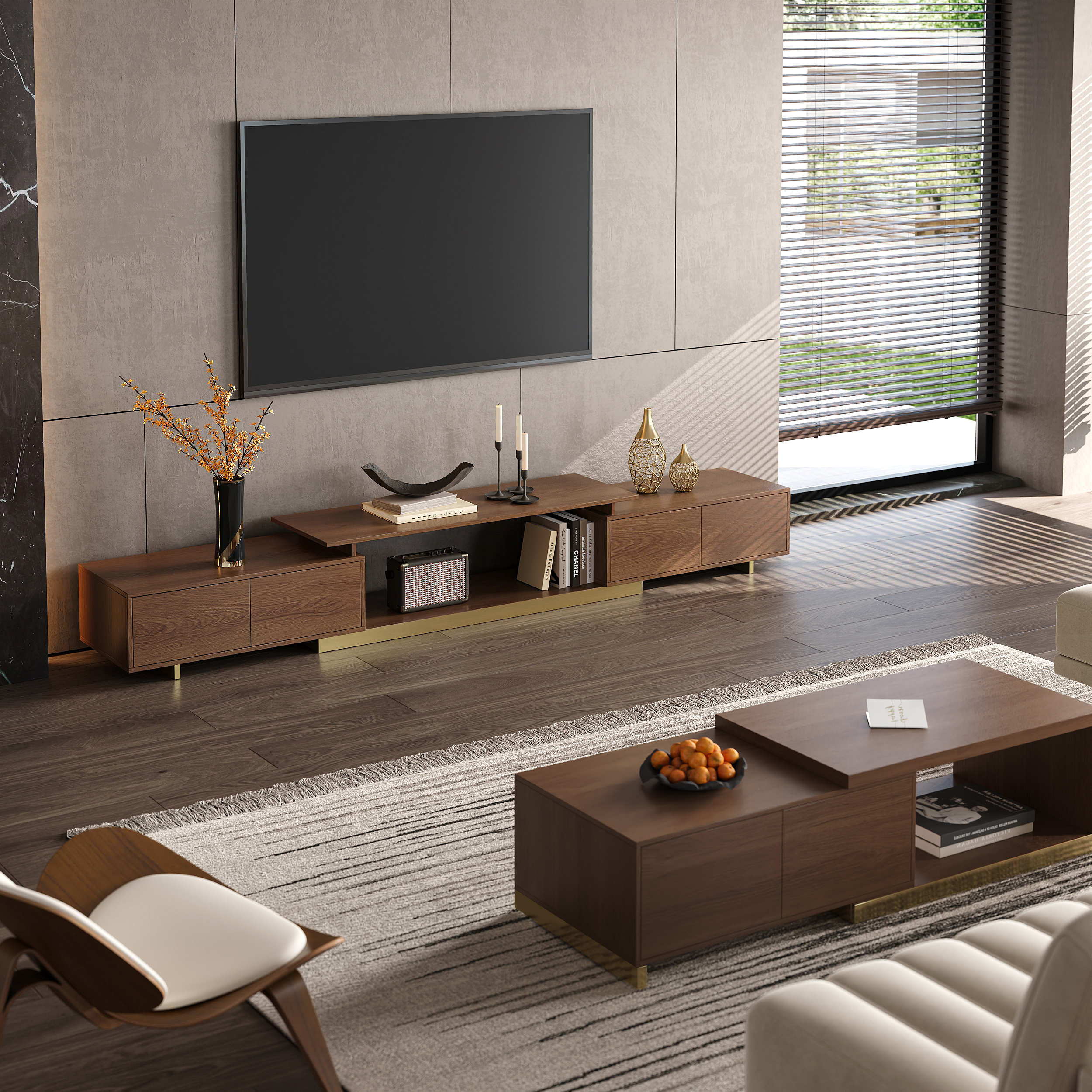 Living Room Cabinet Set Rectangle Glossy Walnut Extendable TV Stand & 70.8" Glossy Walnut Coffee Table Set