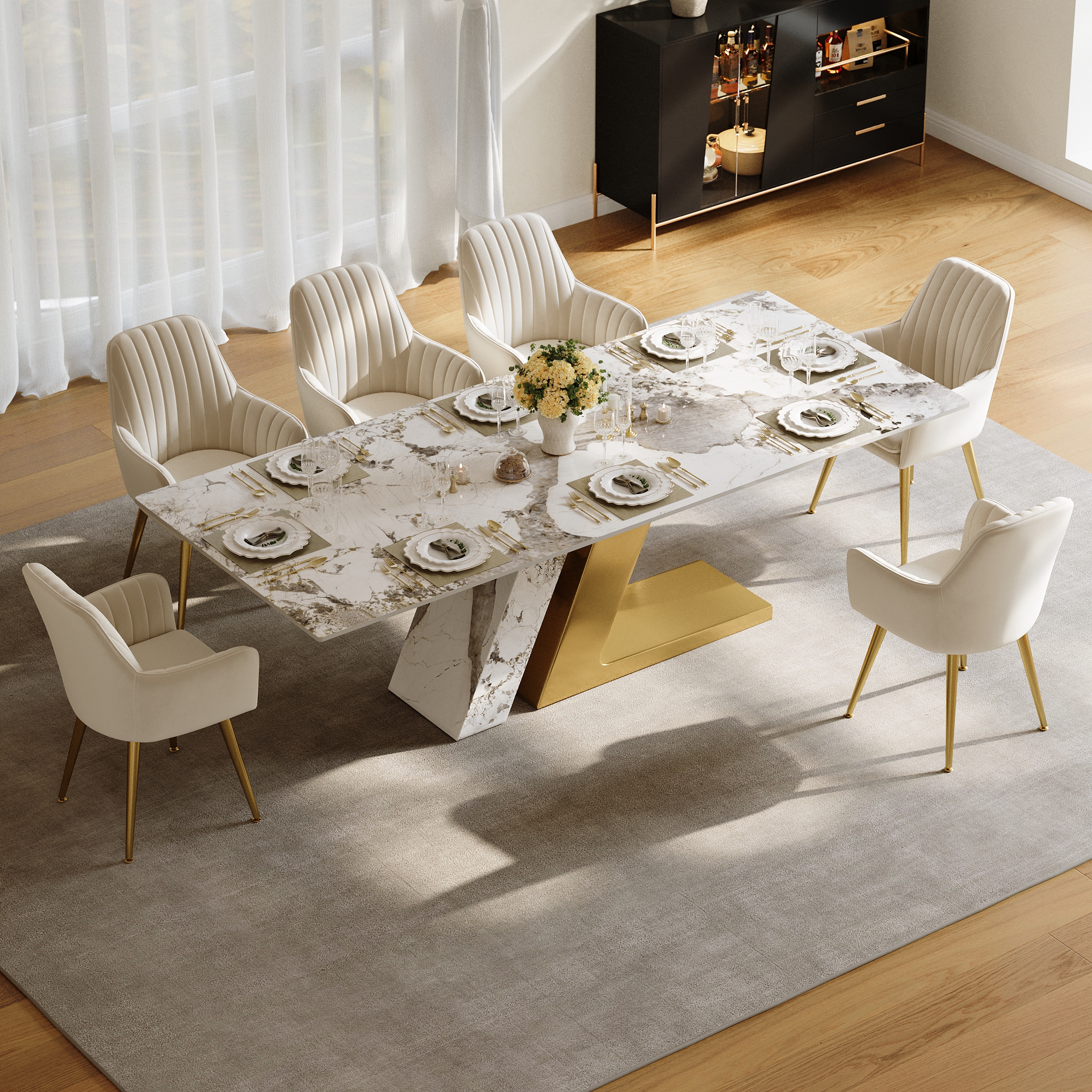 86.6" Rectangle Dining Table Faux Marble Top for 10 Stainless Steel Modern