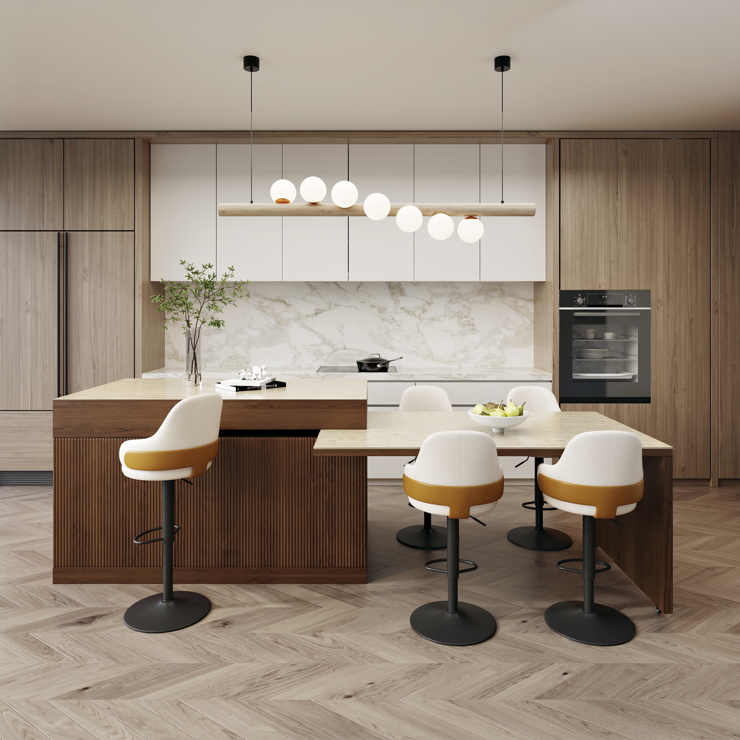 81"-112" Extendable Sintered Stone Kitchen lsland Walnut Modern with Doors and Drawers