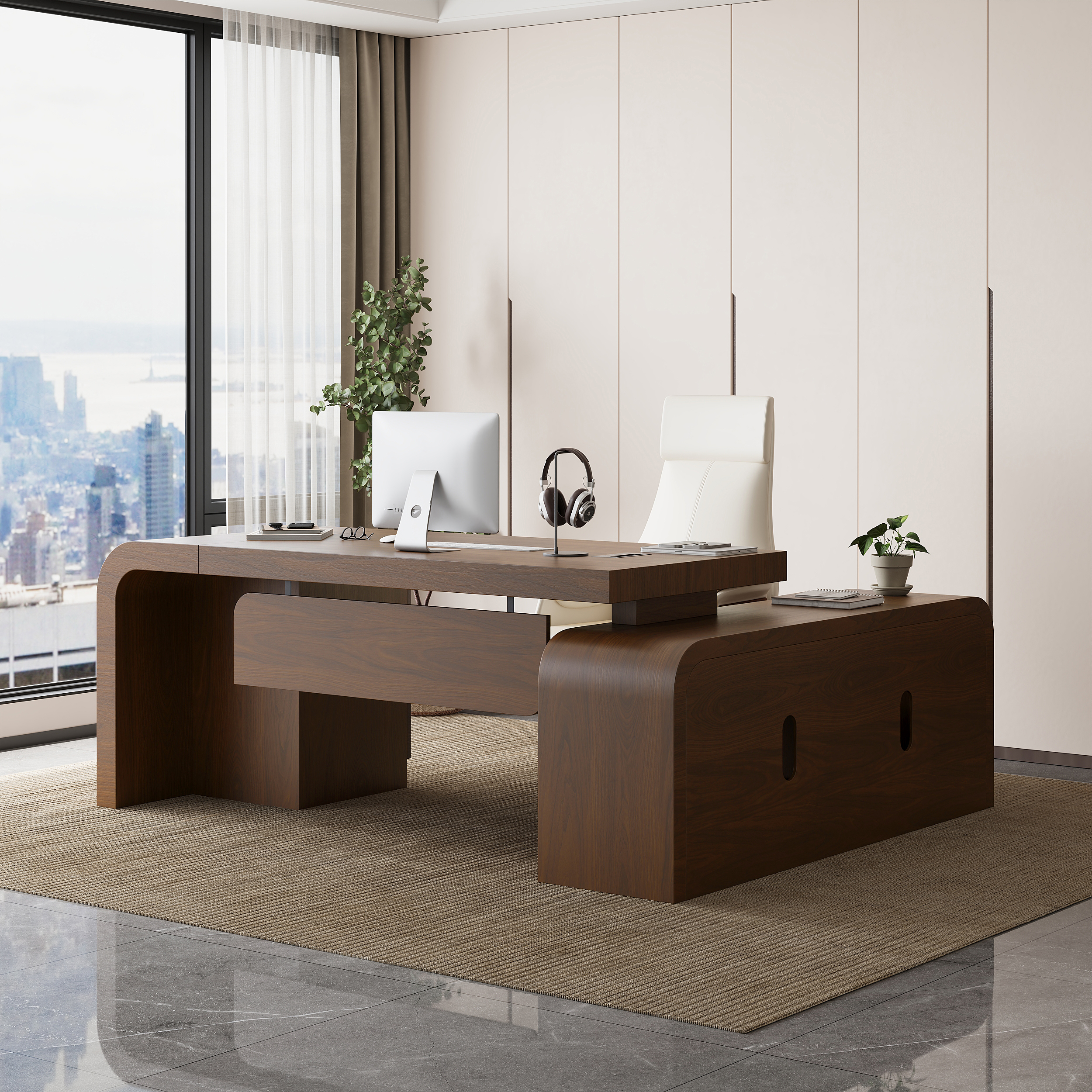 Chicent Walnut L-shaped Modern Computer Desk with Cabinet & Ample Storage Left Hand Office Furniture (70.9'')