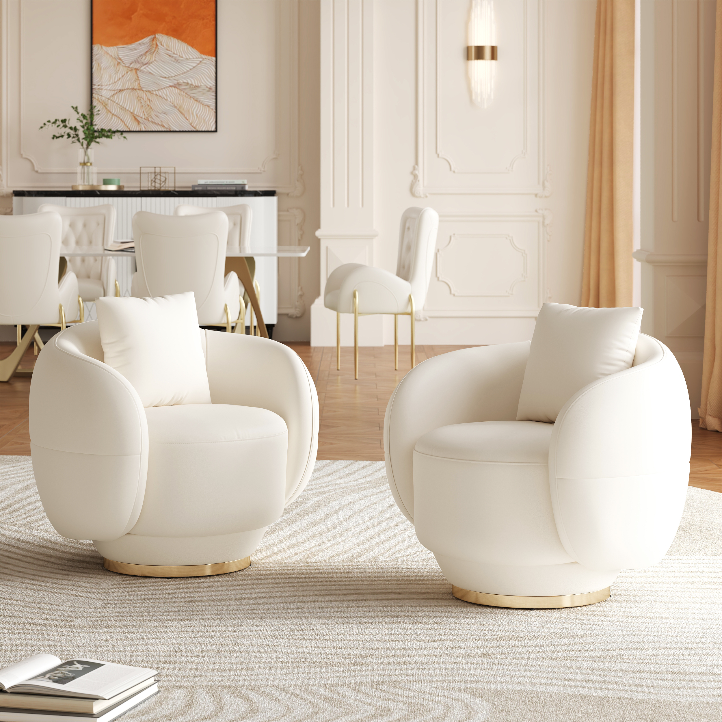 Suncurve Swivel Barrel Accent Chair Faux Leather Armchair for Living Room in Warm White Set of 2
