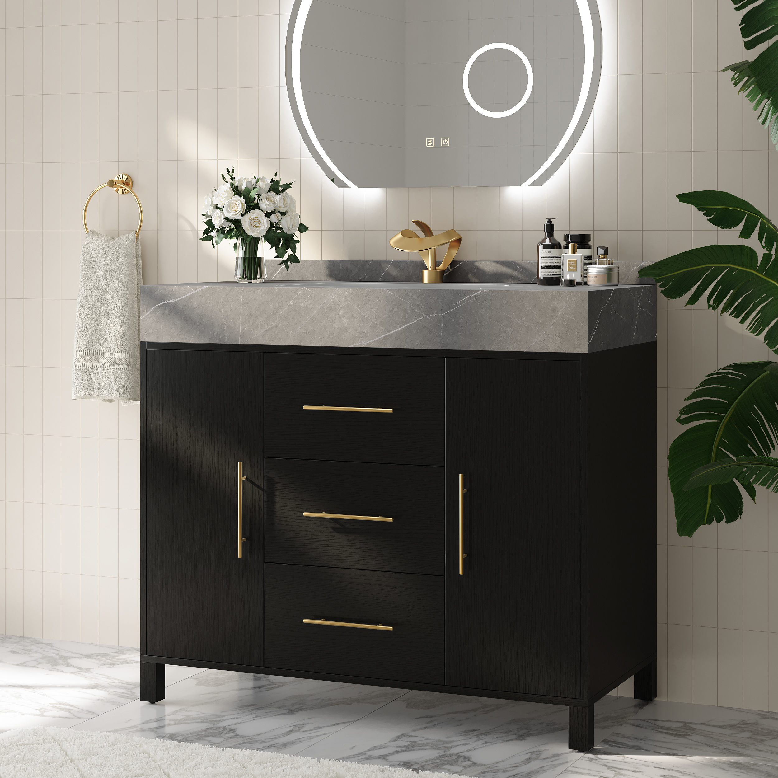 39.4" Freestanding Black Bathroom Vanity, Sintered Stone Countertop & Gold Handles