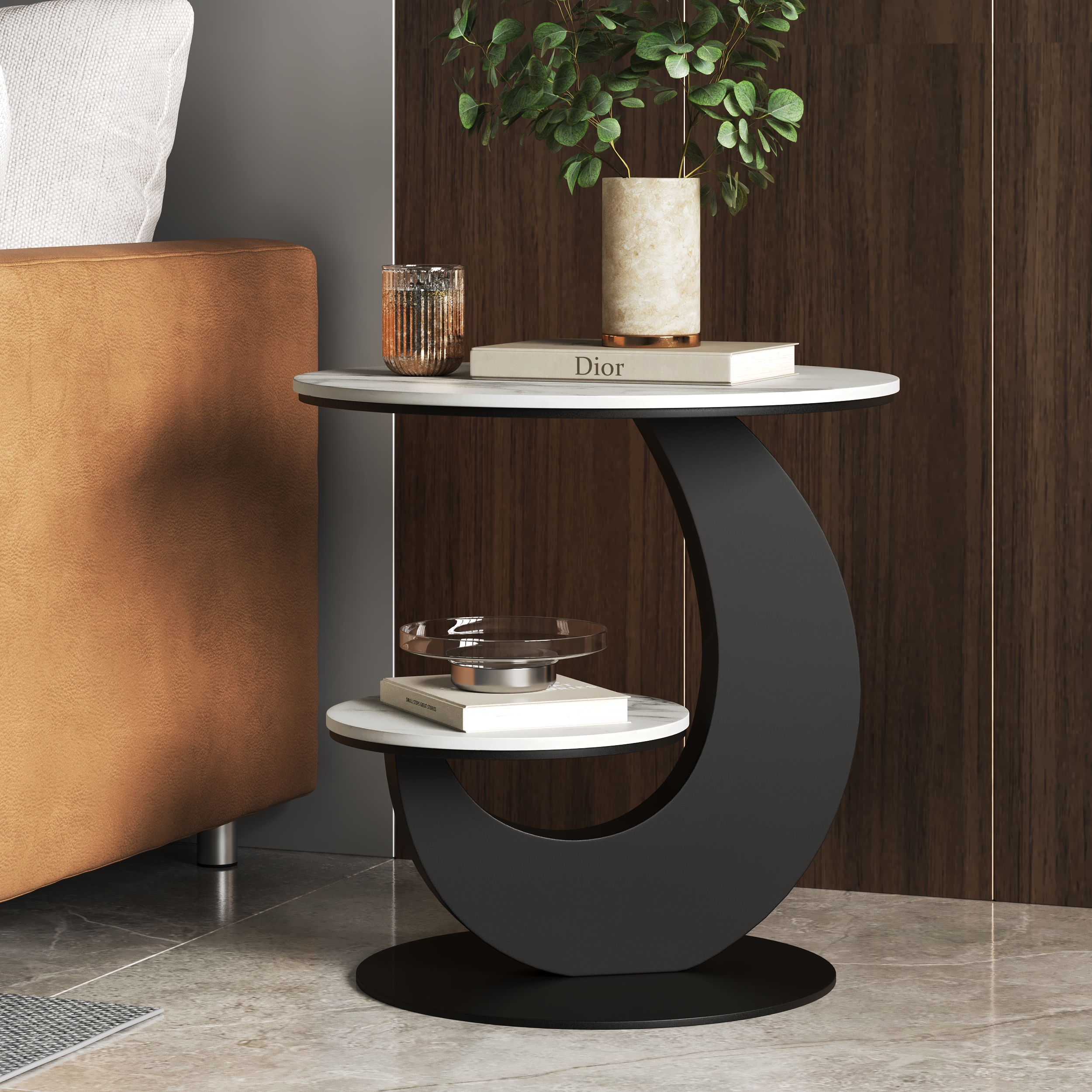 Sintered Stone Side Table 2 Tier Decorative Cocktail Table Round End Table Modern Simplicity Living Room