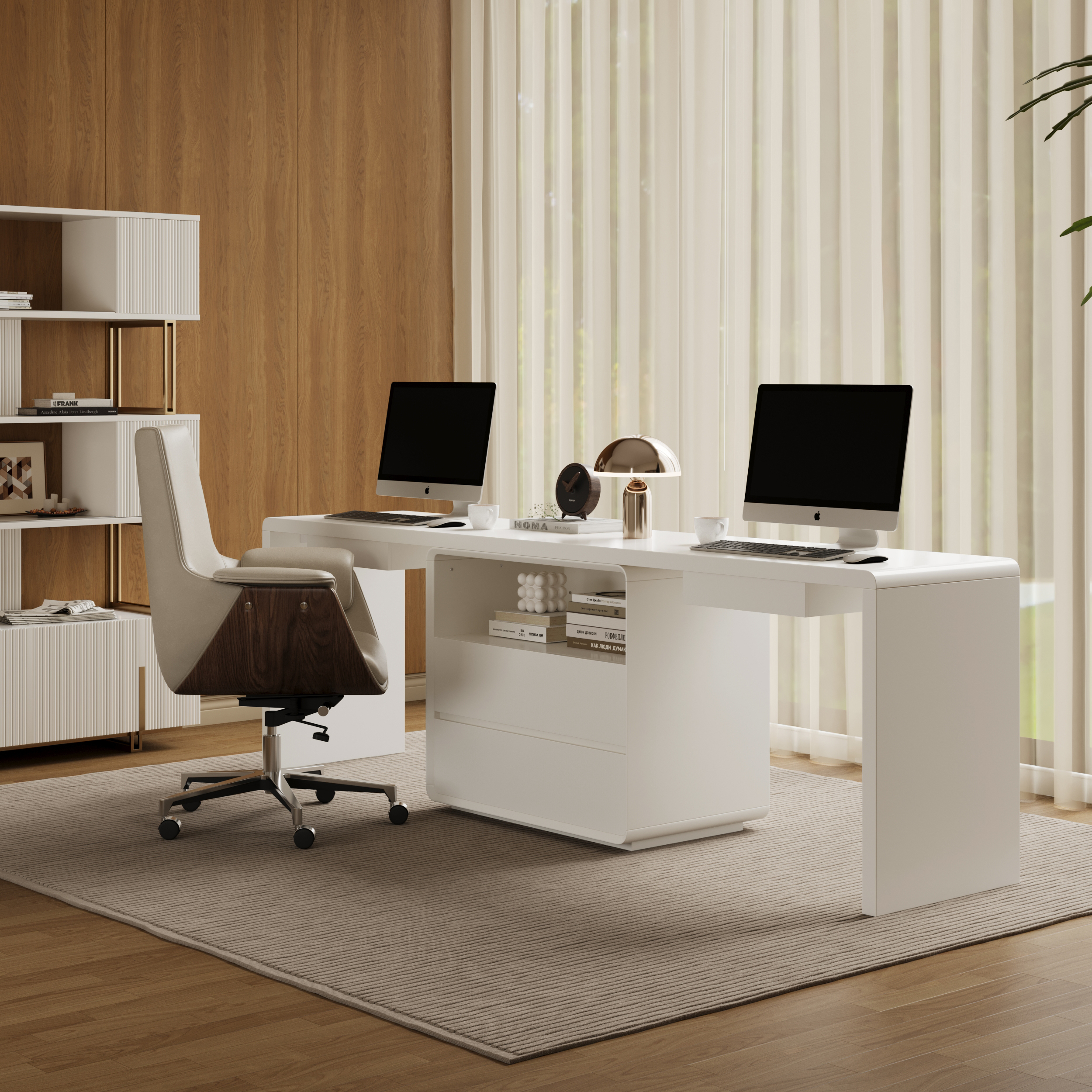 Modern 94" Rectangular White Double Desk with Drawers, Seats 2