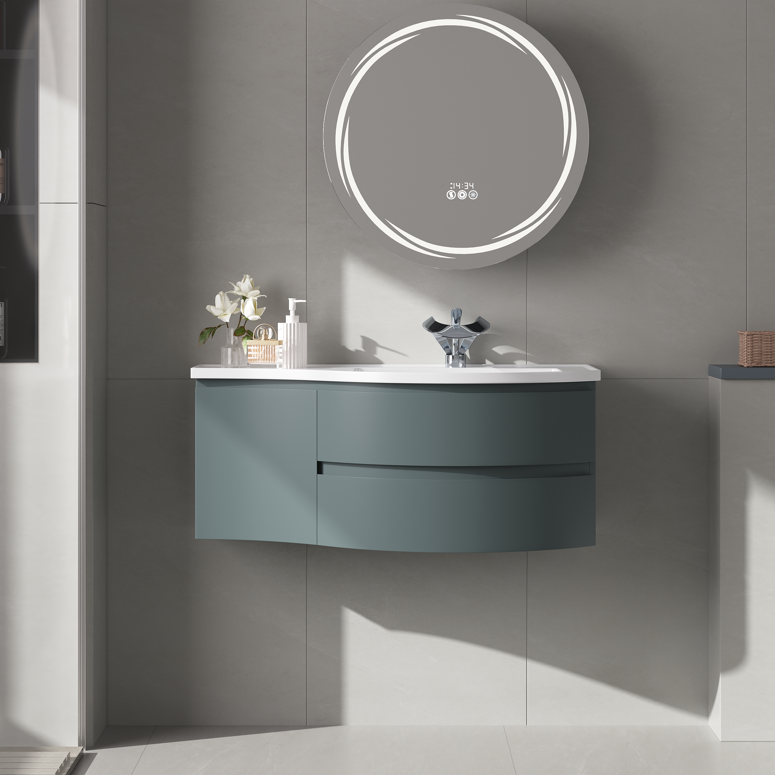 Floating Curved Bathroom Vanity & Round LED Medicine Cabinet Set Right Offset