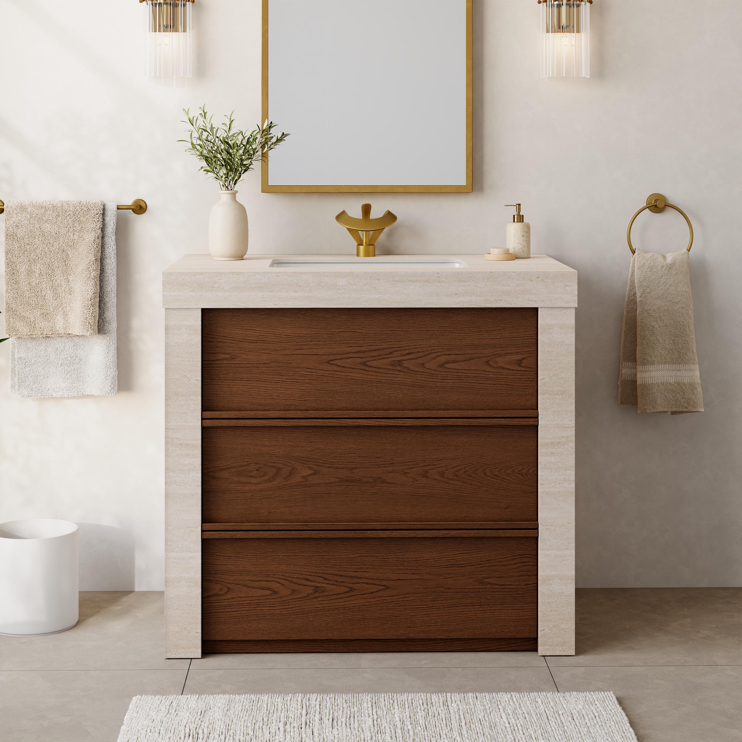 36" Single Bathroom Vanity with Ceramic Sink, Sintered Stone Top