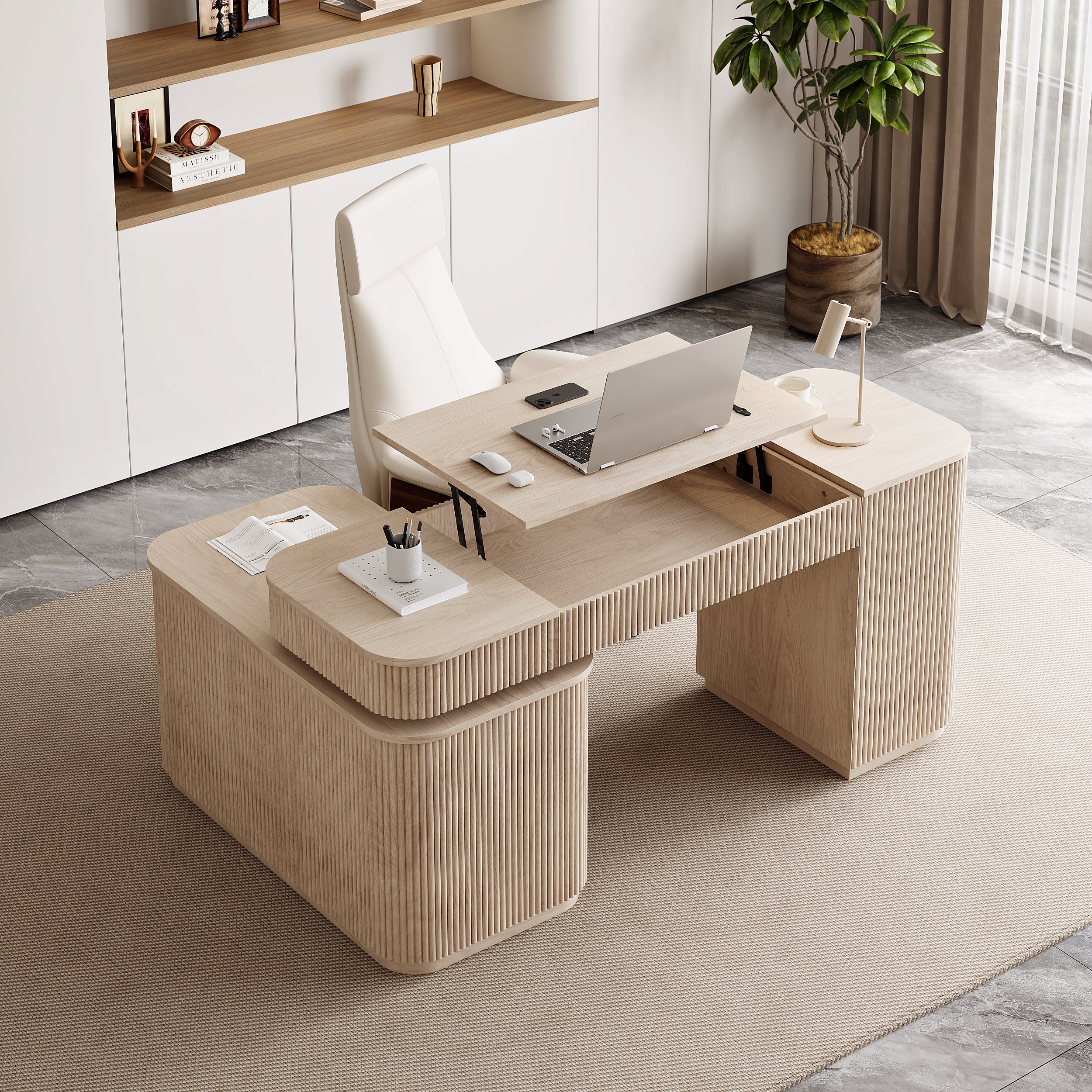 Modern 65" L-Shape Whitewash Executive Desk with Lift-Top, Drawers & Cabinet, Right Hand