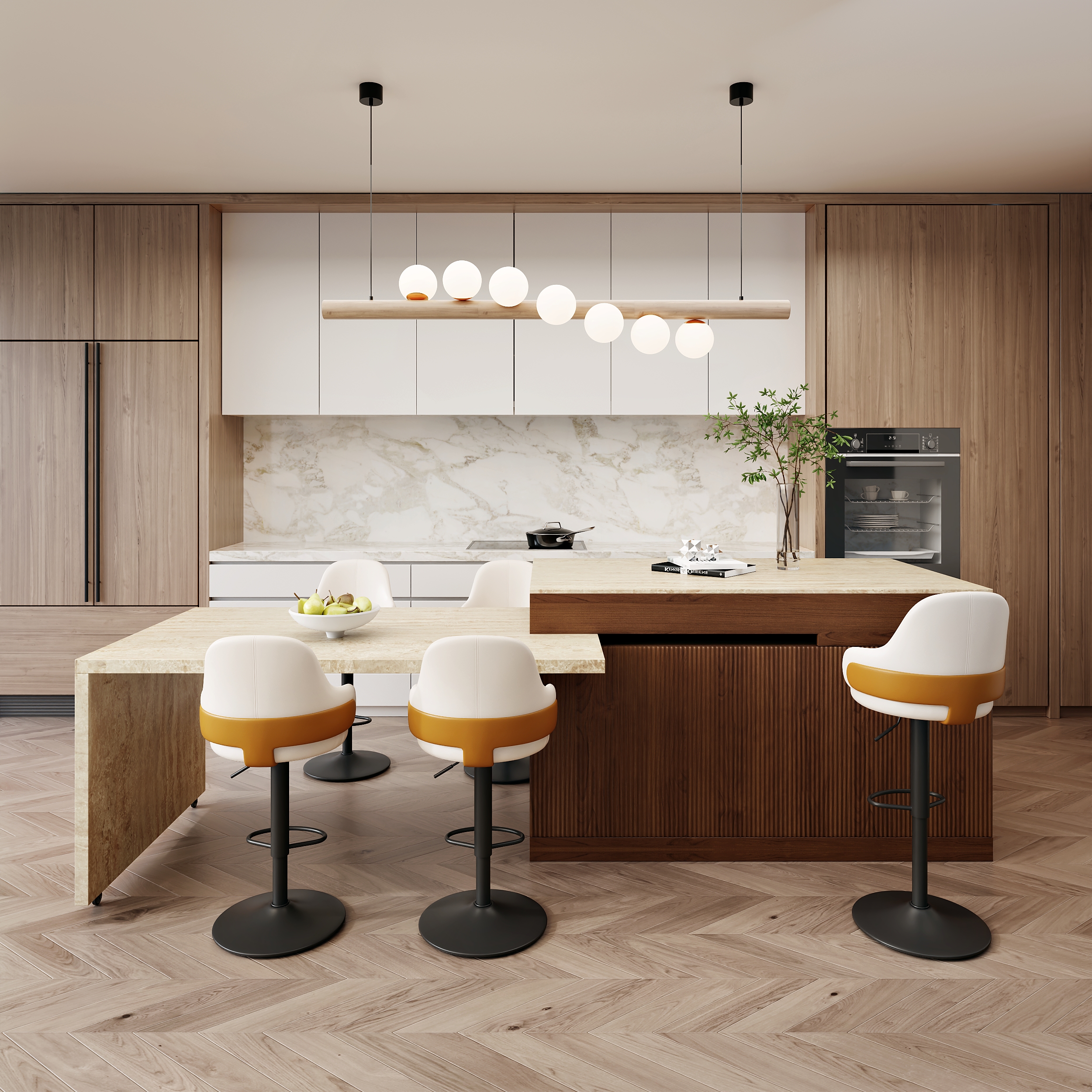 81''-112" Extendable Walnut Kitchen Island with Doors&Drawers
