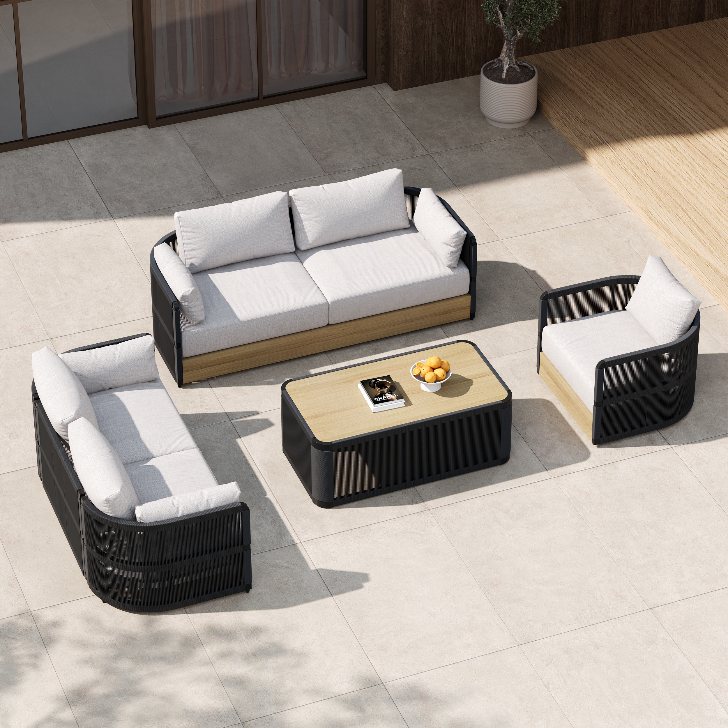 Costra 4-Piece Modern Aluminum & Rope Outdoor Swivel Sofa Set with Coffee Table in Black for 6 People, Modern Wood Outdoor & Yard Rope Sofa Set
