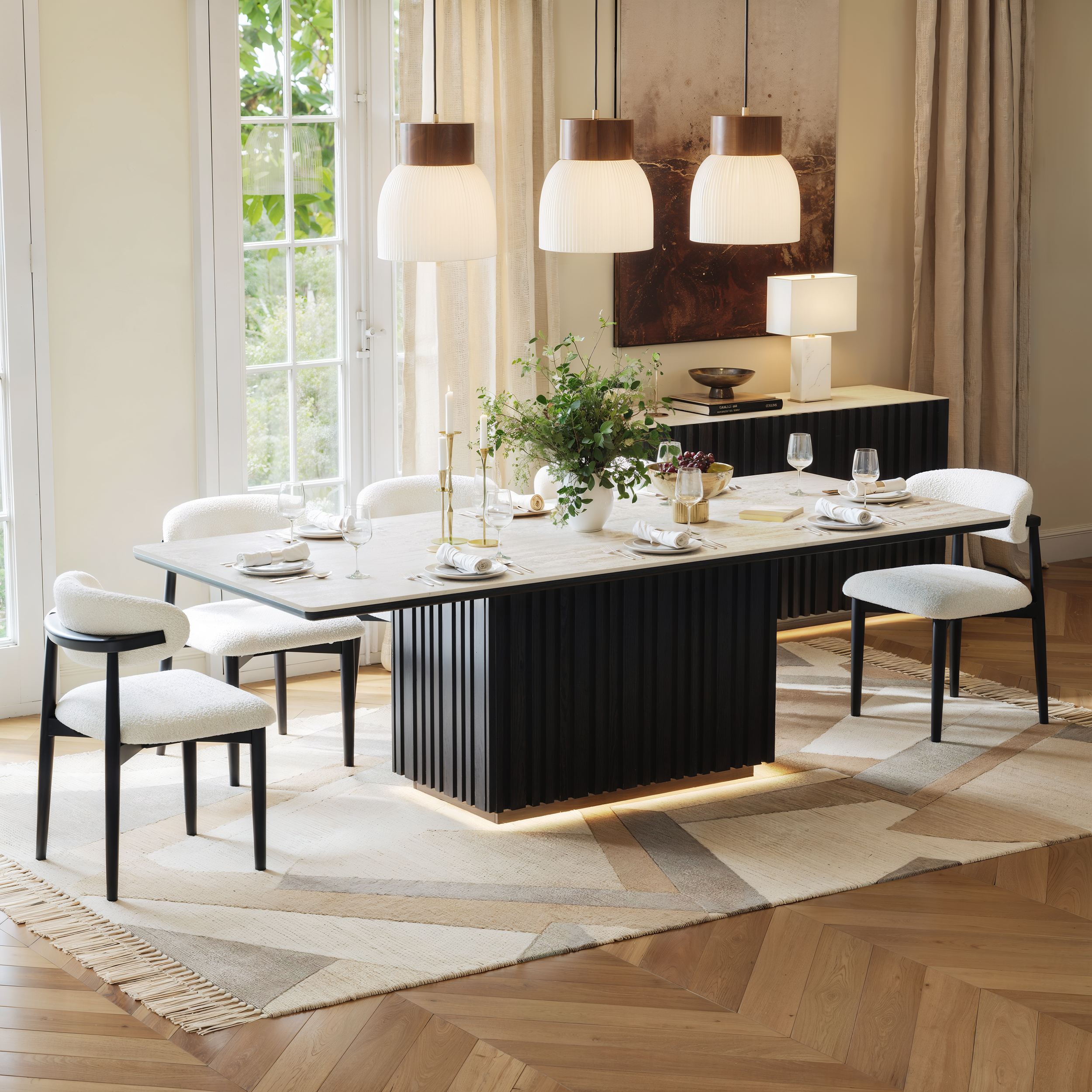 84" Faux Travertine Rectangular Dining Table with Sintered Stone Top, Seat 8